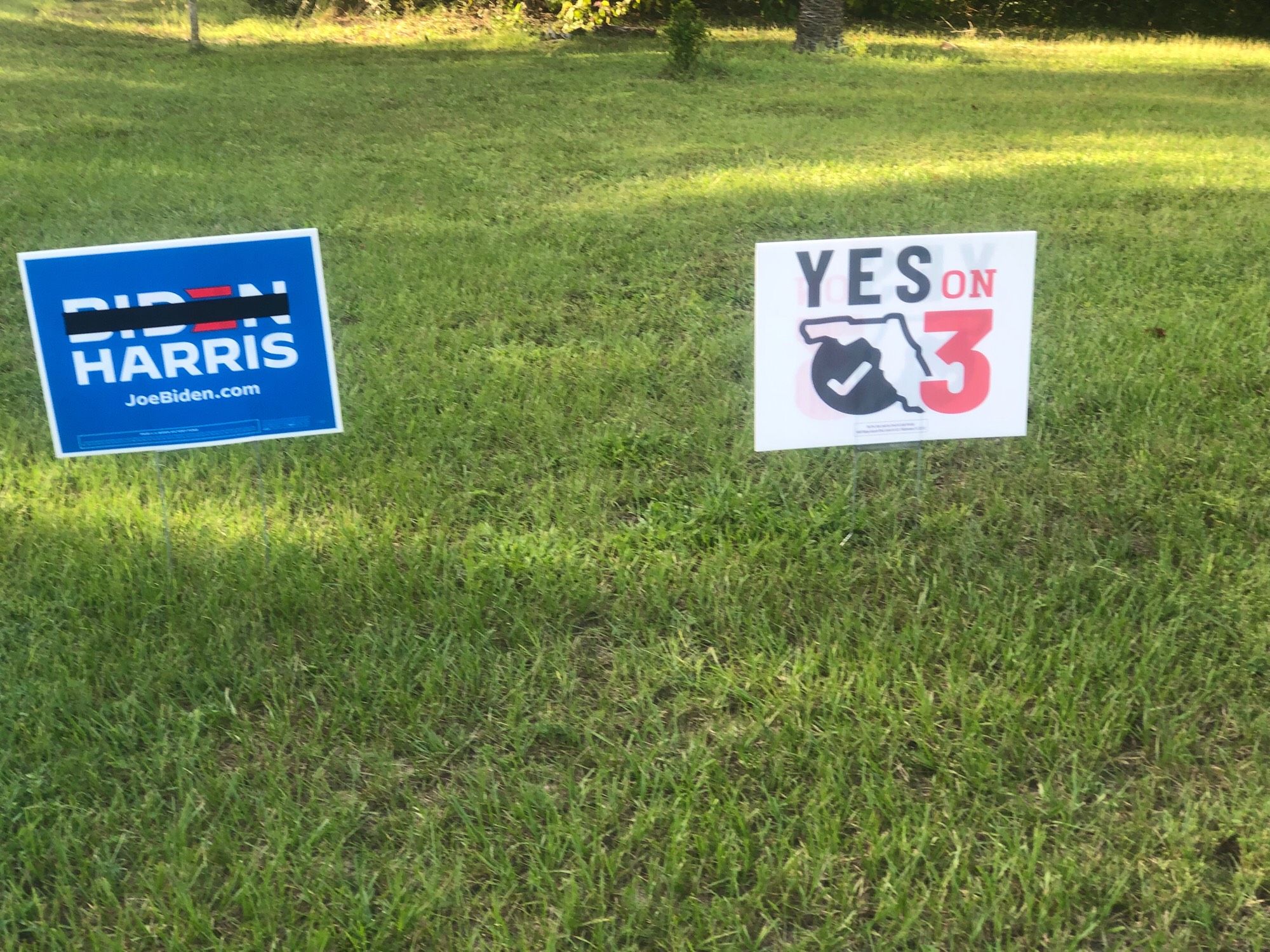 Yard signs One Biden and Harris with black tape over Biden the other vote yes 420