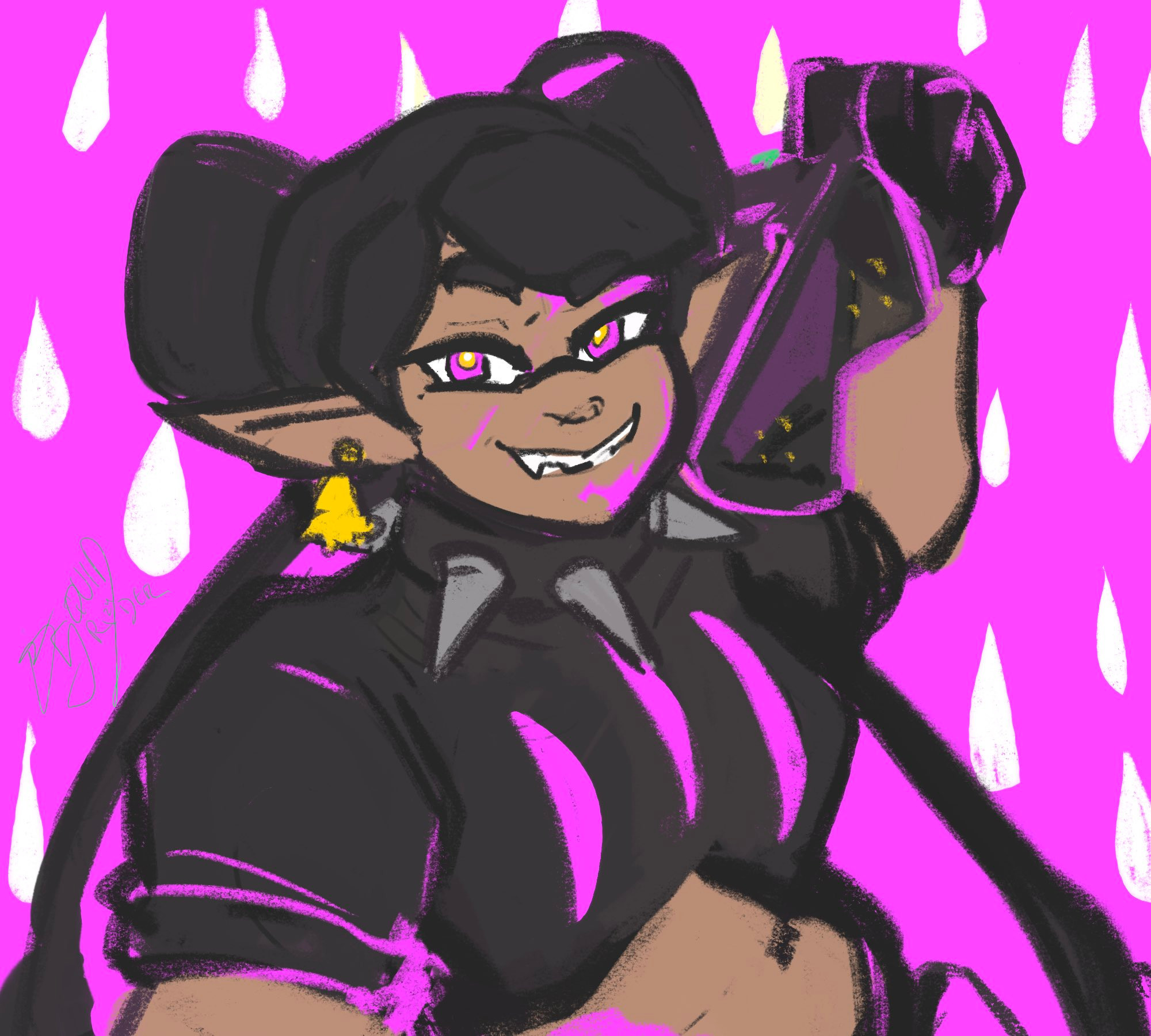 vibrant pink background with callie splatoon on the forefront in her splatoon 2 hyno gear, holding her hynoshades up. shes looking at the camera with pink and gold eyes grinning 