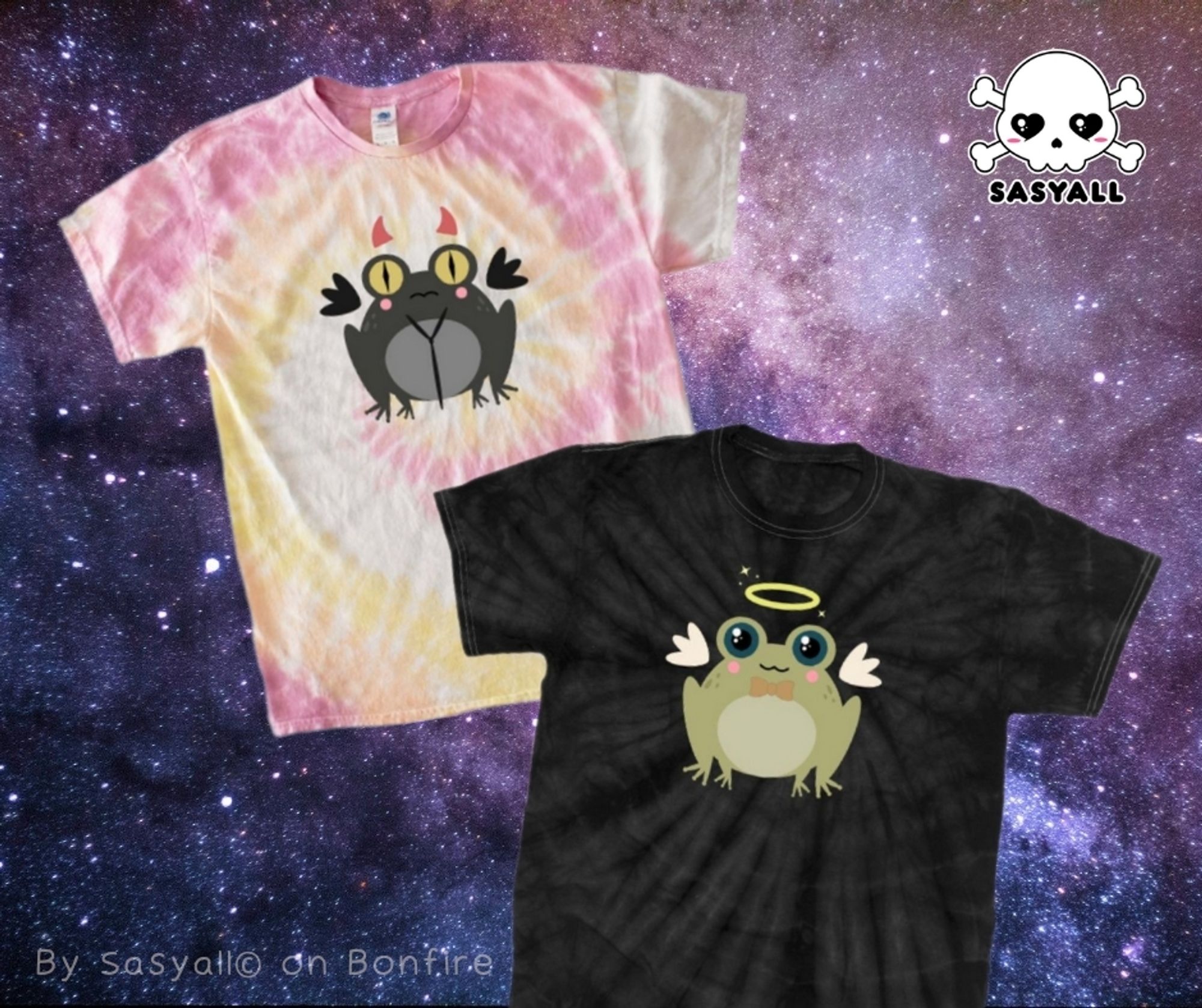 Frog Omens (Good Omens fan art) kawaii frogs with wings tie dye t-shirts