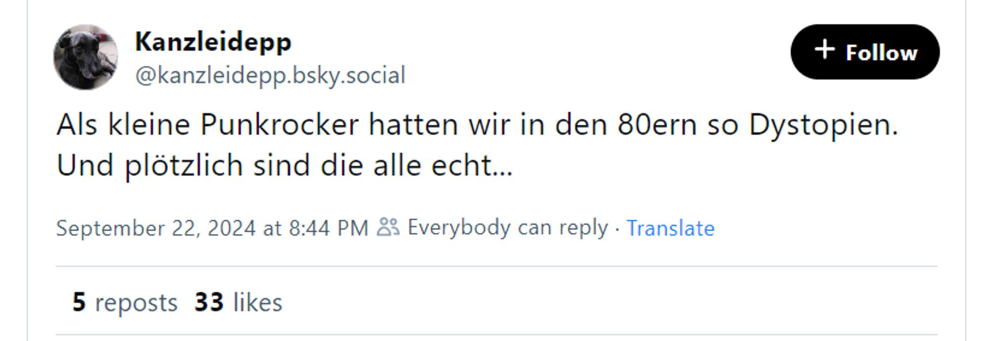 Screenshot von einem Skeet in dem steht: "Als kleine Punkrocker hatten wir in en 80ern so Dystopien. Und plötzlich sind die alle echt."