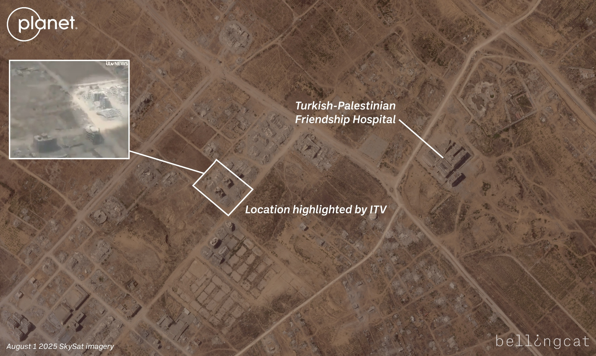 Annotated SkySat satellite imagery from Planet Labs from August 1 2025 showing northern Al-Zahraa, a city in northern Gaza that has mostly been destroyed by the IDF. The annotation shows the Turkish-Palestinian Friendship Hospital and an inset image from the ITV News report showing a set of destroyed buildings to the west.