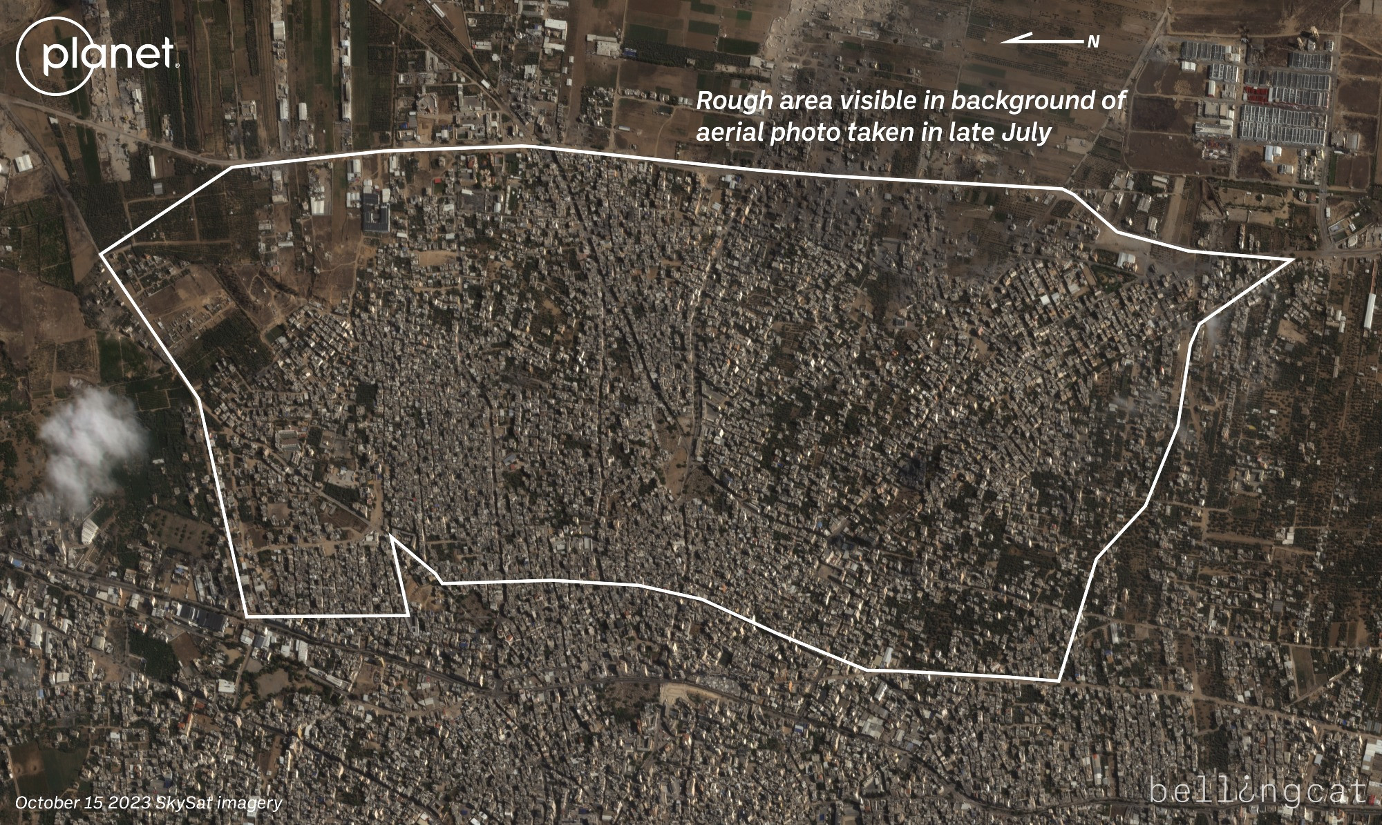 An October 15 2023 SkySat satellite image from Planet Labs showing Gaza City's eastern Shejaiya and Tuffah neighborhoods. Some destruction is visible from airstrikes conducted at the start of the war but other than that thousands of buildings are visible with orchards and farmland on the periphery of the neighborhoods. A large area is annotated showing the rough area that is visible in the background of the July 2025 aerial photo.