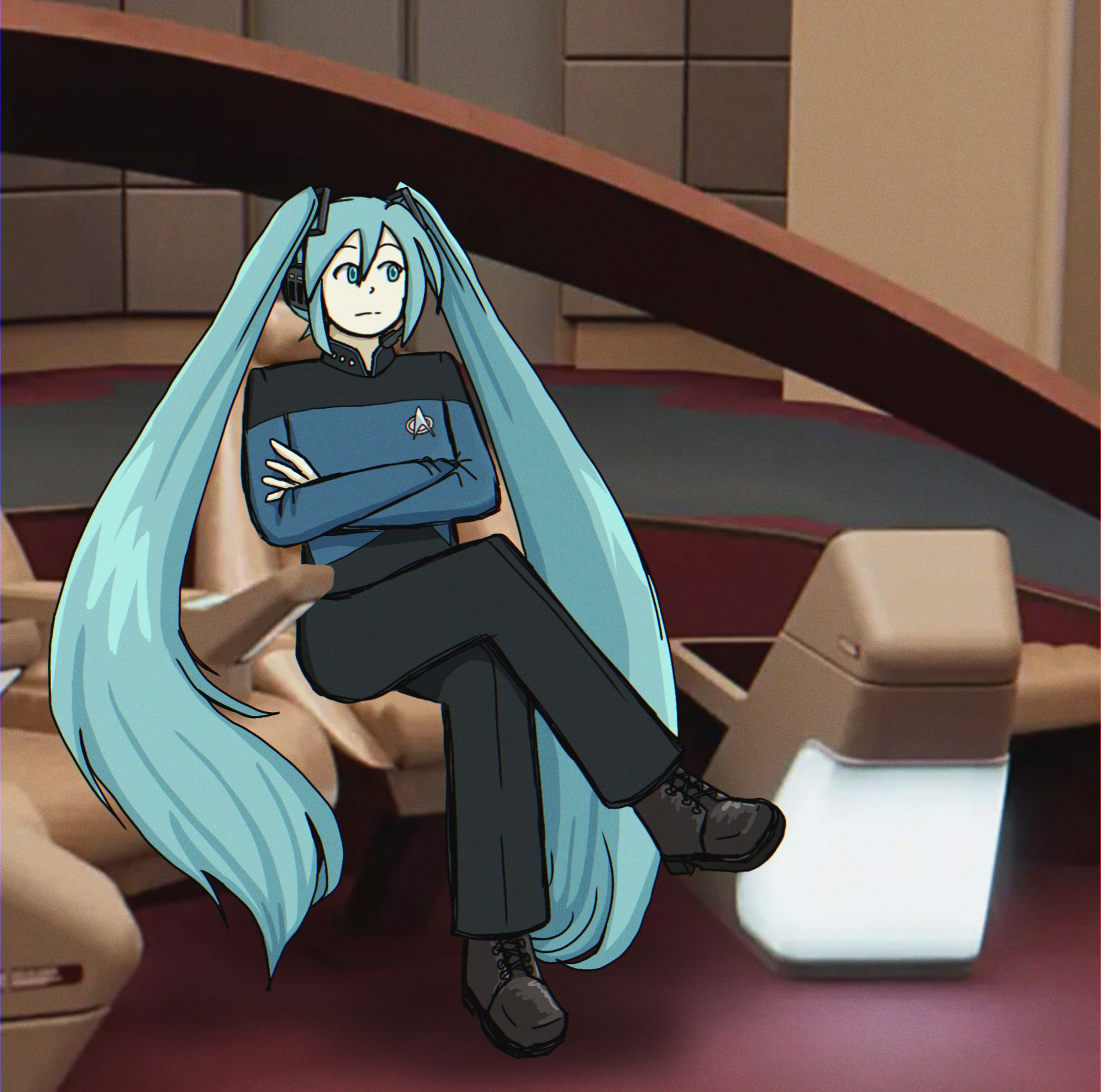 The character Hatsune Miku wearing a blue-shirt uniform from Star Trek: The Next Generation. She is sitting on the bridge of the Enterprise-D.