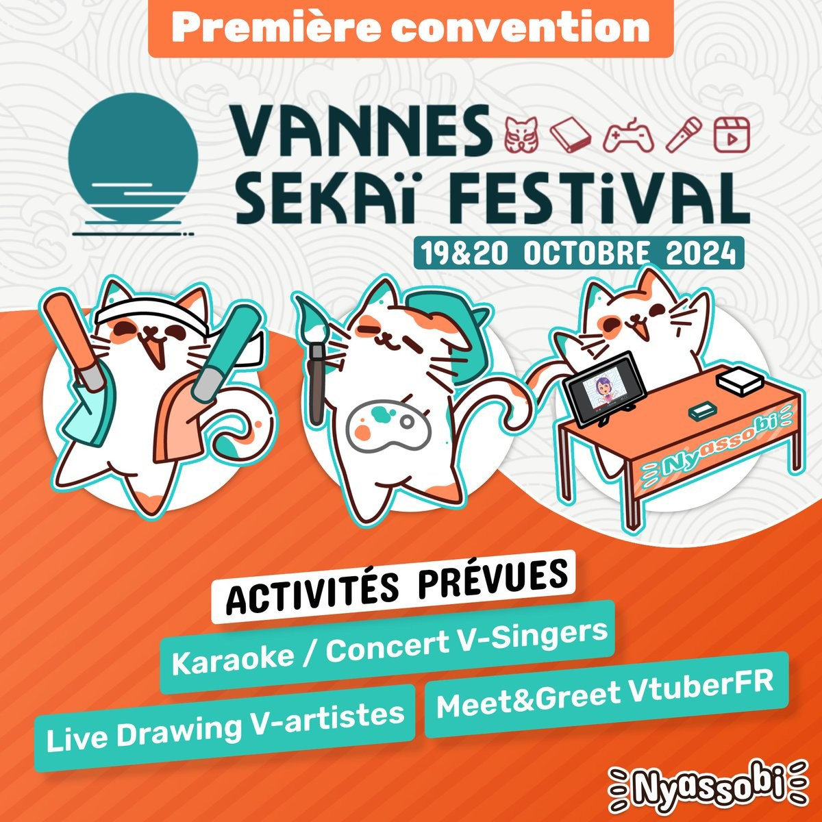 Précision de nos activités à la convention Vannes Sekai Festival qui se déroule les 19 et 20 octobre 2024

Activités de prévu : karaoke/concert, dessins en live, meet & greet de vtuber FR