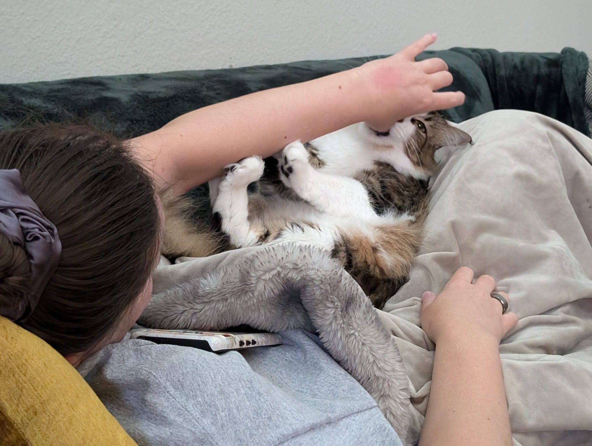 A brown and white cat on its back with its arms outstretched sucking on my wife's thumb in the same pose as the wine bottle holder.