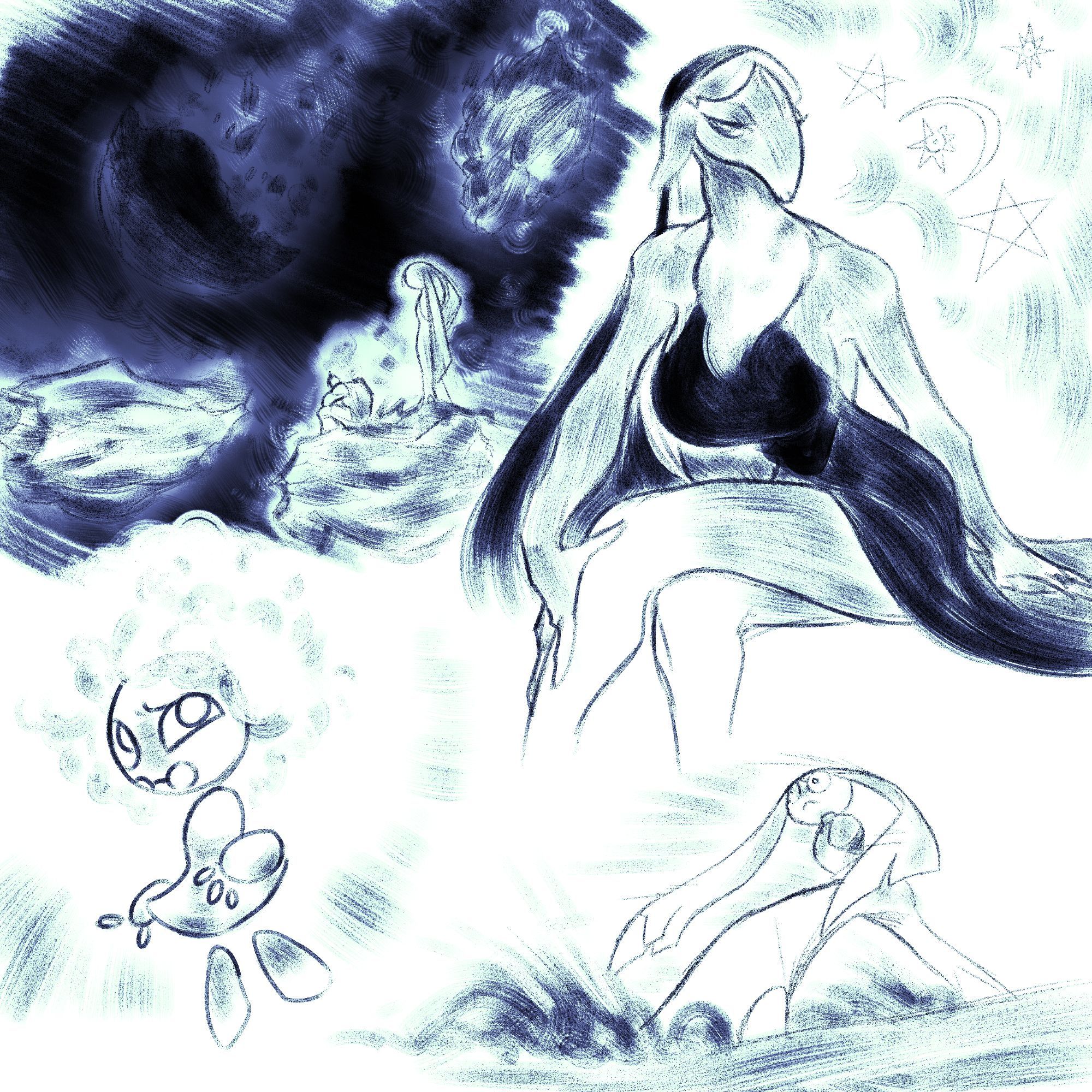 Top left is a image of a destroyed planet, with Noba and comet standing close by while Noba seems to be mourning; top right is Artemis, an anteater alien that has big breasts and three eyes; bottom left is Siri, a shining little alien kid that has no limbs connected but she floats and it's almost like it's connected; bottom right it's Comet being pushed, but still in position to fight.

No canto superior esquerdo está a imagem de um planeta destruído, com Noba e Comet parados por perto enquanto Noba parece estar de luto; no canto superior direito está Artemis, uma alienígena tamanduá que tem seios grandes e três; no canto inferior esquerdo está Siri, uma pequena criança alienígena brilhante que não tem membros conectados, mas ela flutua e é quase como se estivesse conectada; no canto inferior direito Comet está sendo empurrado, mas permanece em pose de lutar.