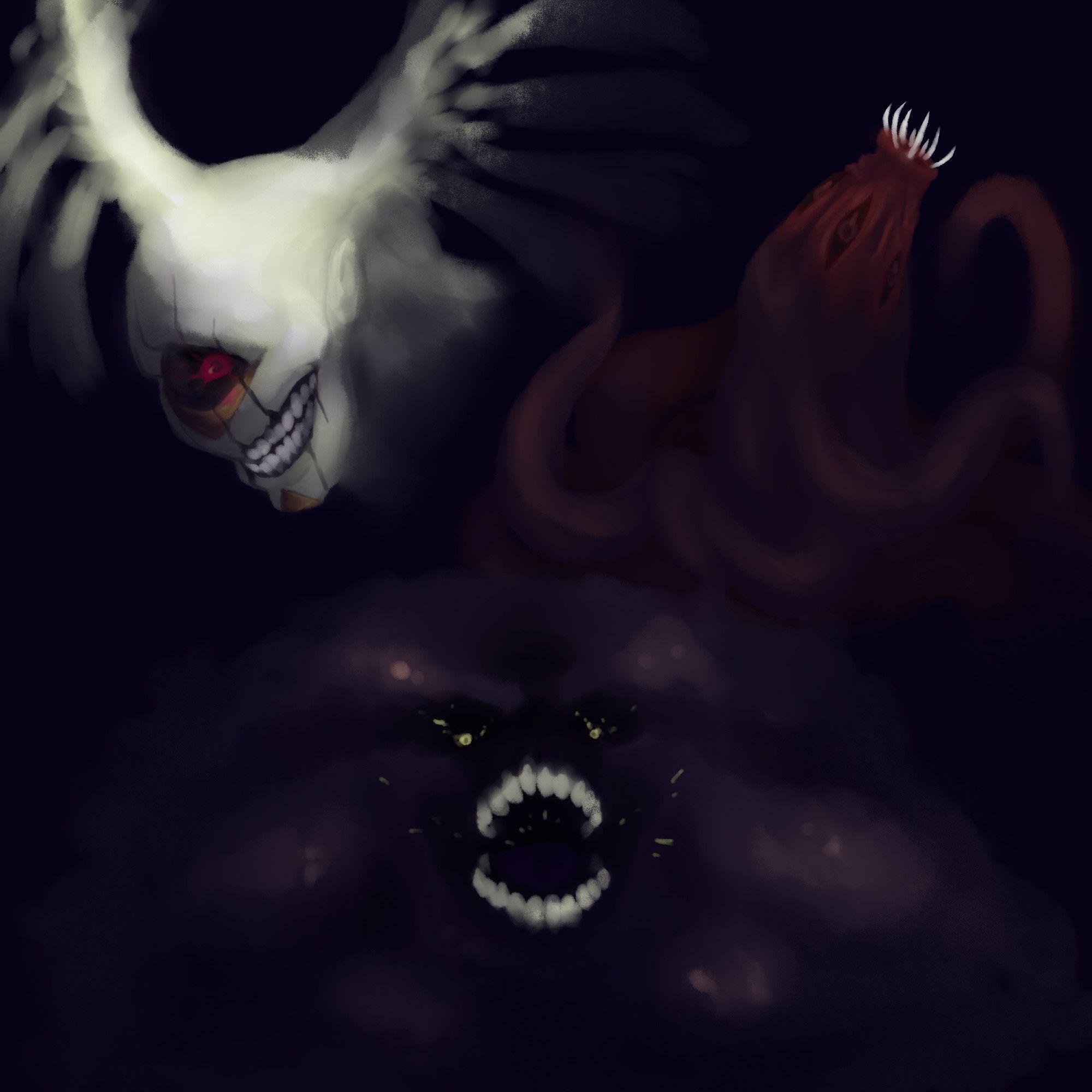 Creepy angel face, with a big red eye and a dark sclera; worm brown thing, with long teeth and four eyes; big purple bear, with shadowy face, shiny golden eyes, sharp teeth and eletricity being produced from it's fur and eyes.