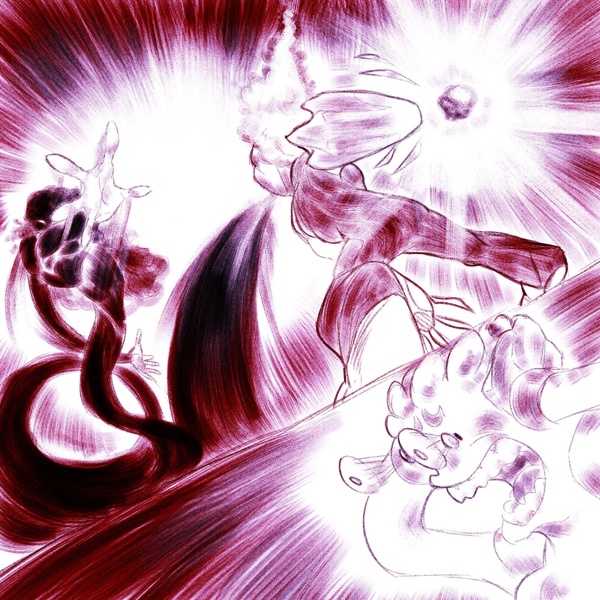 Imagem é meu oc sombrio Vox lutando contra Noba que está carregando um tipo de tiro de energia, enquanto Newton que é um homem slime está gritando em desespero.

Image is my shadow oc fighting Noba who is carrying some kind of energy shot, while Newton who is a slime man is screaming in despair.