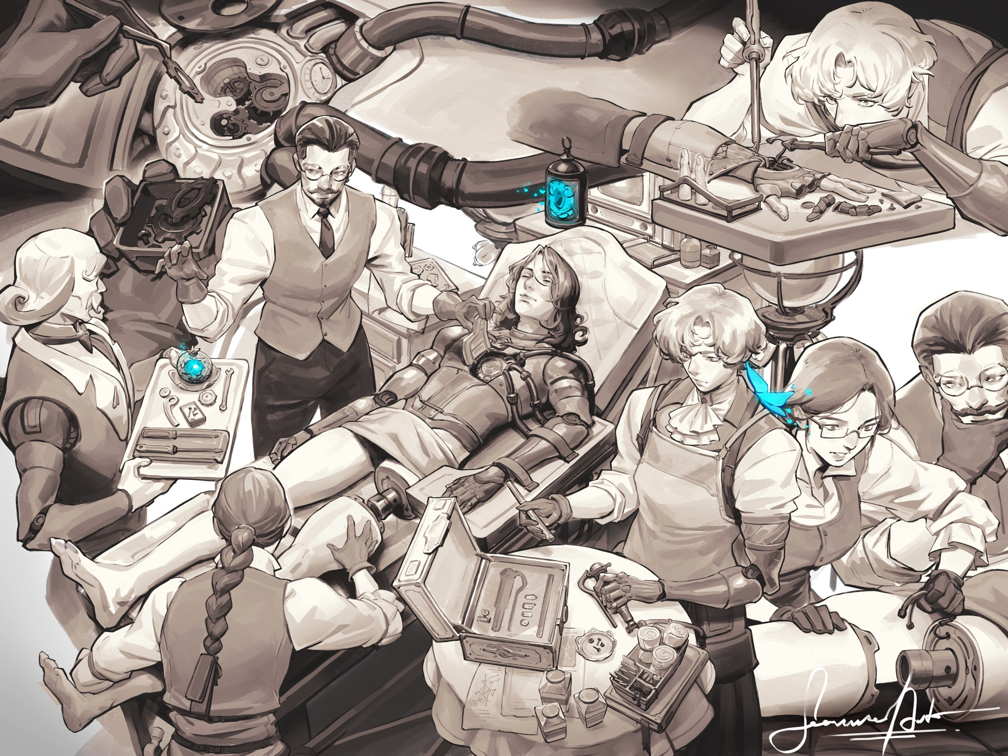P, Venigni, Eugenie, Pulcinella, Sophia, and Gemini gather together to restore Romeo (after the events of the game). 
In the additional scenes, Venigni repairs and modifies Romeo's heart, P applies synthetic skin, and Eugenie attaches one of Venigni's custom replacement legs.