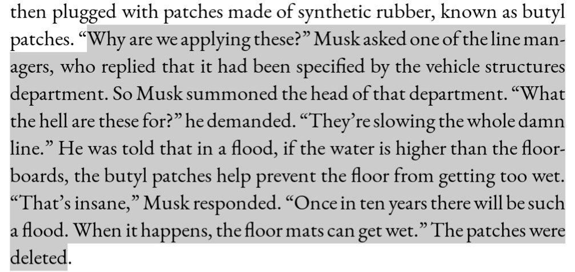 Elon Musk demanding a safety feature be removed from vehicles that is required due to the potential for hazard in the case of a flood.