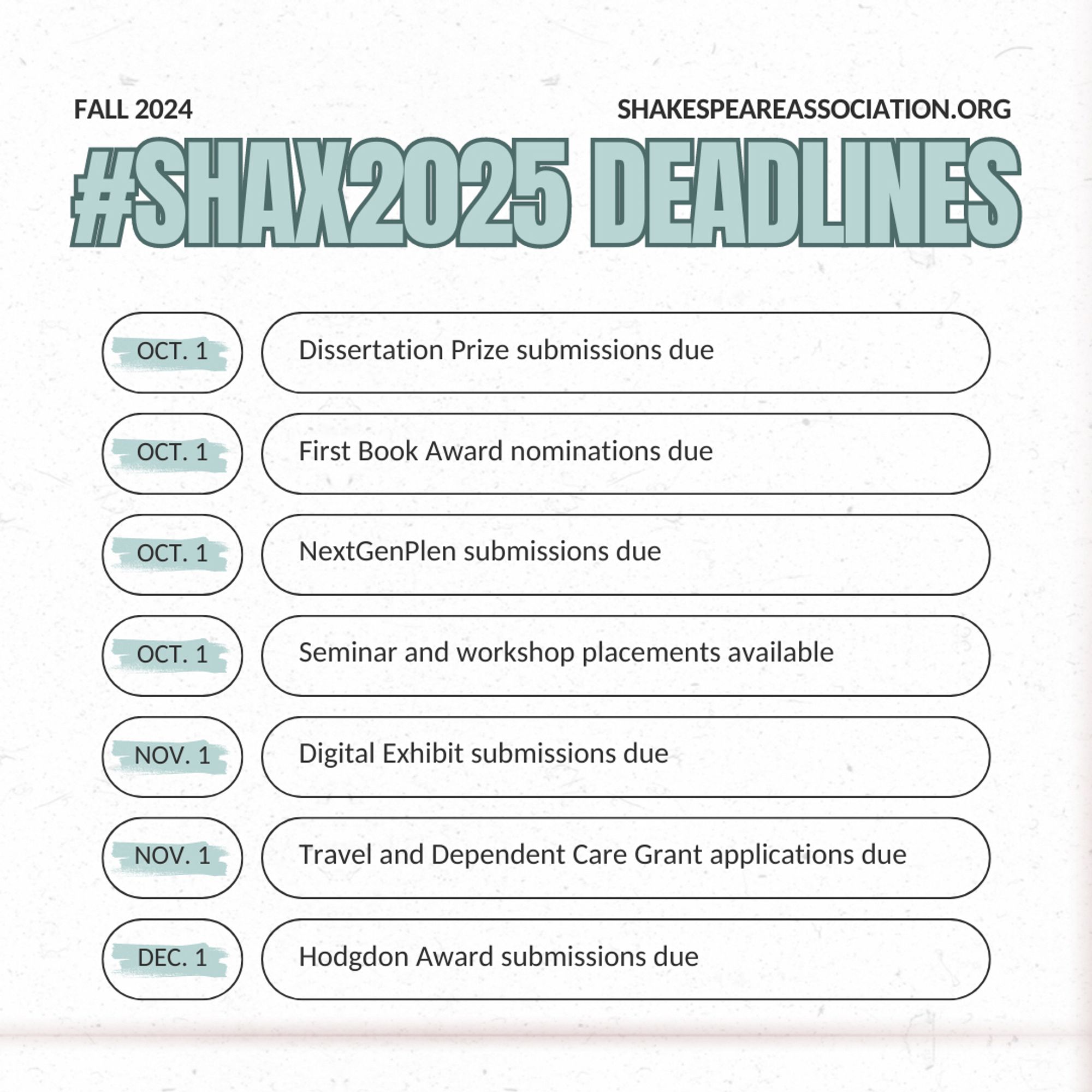 Image of a deadline list for the Shakespeare Association of America, listing the October and November deadlines for grants, awards, and prizes.