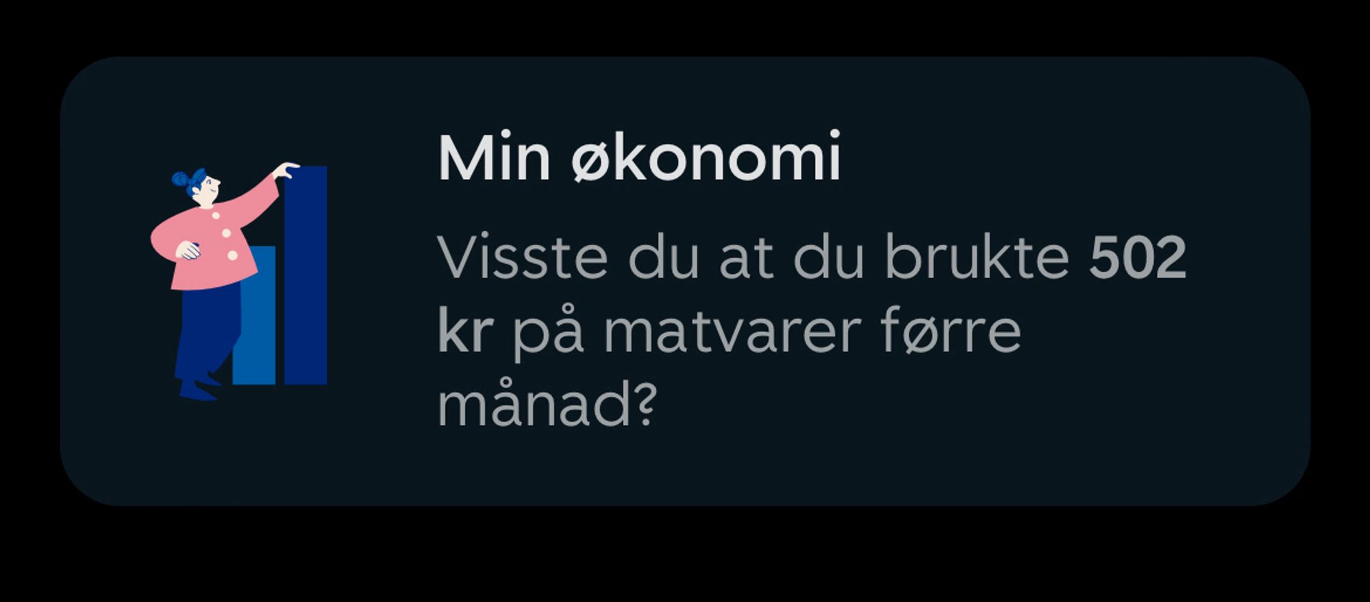 Screenshot fra nettbanken min: Visste du at du brukte 502 kr på matvarer førre månad?