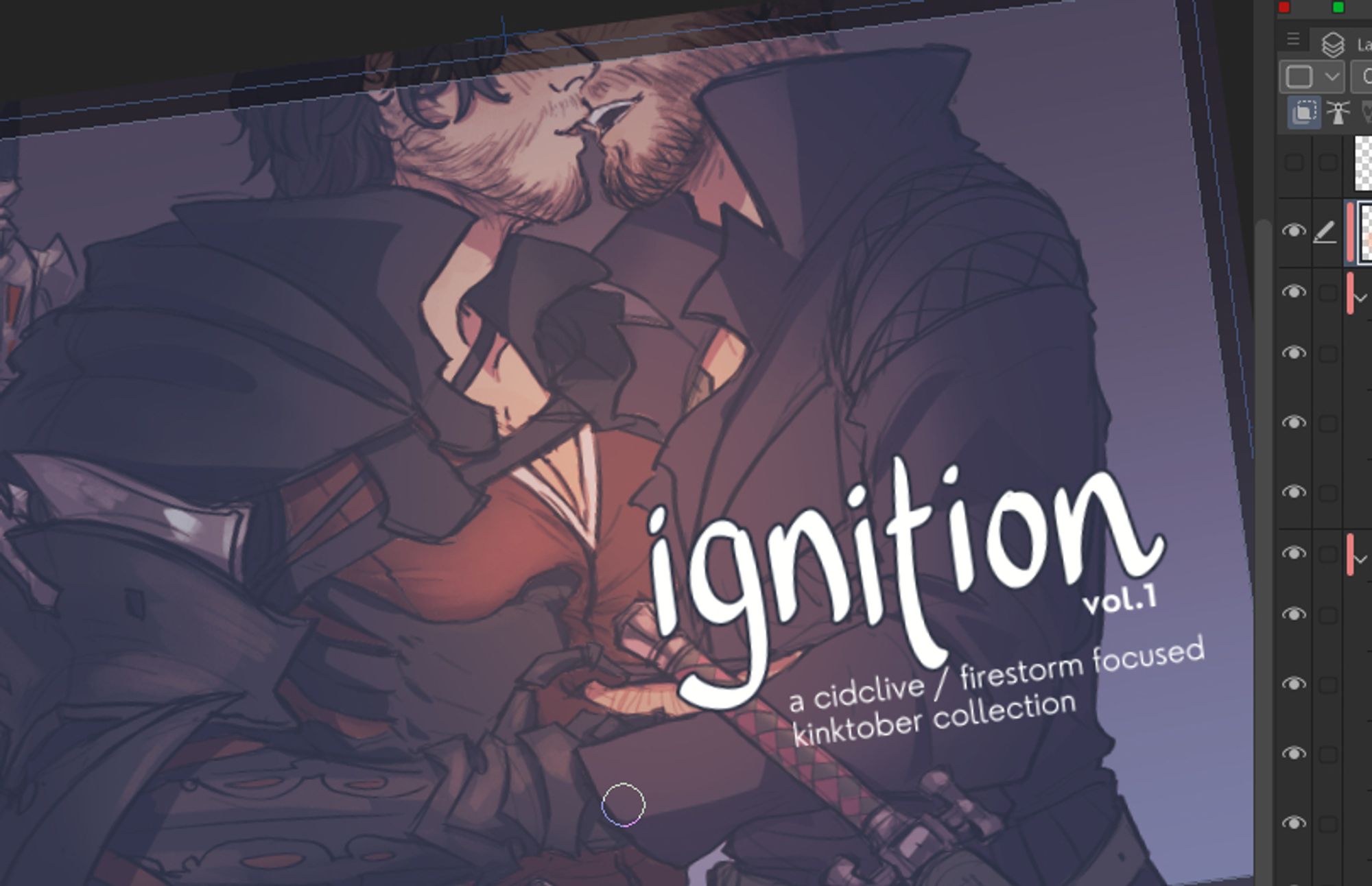 work in progress screenshot of the cover illustration for IGNITION vol 1, my kinktober 2023 collection artbook.