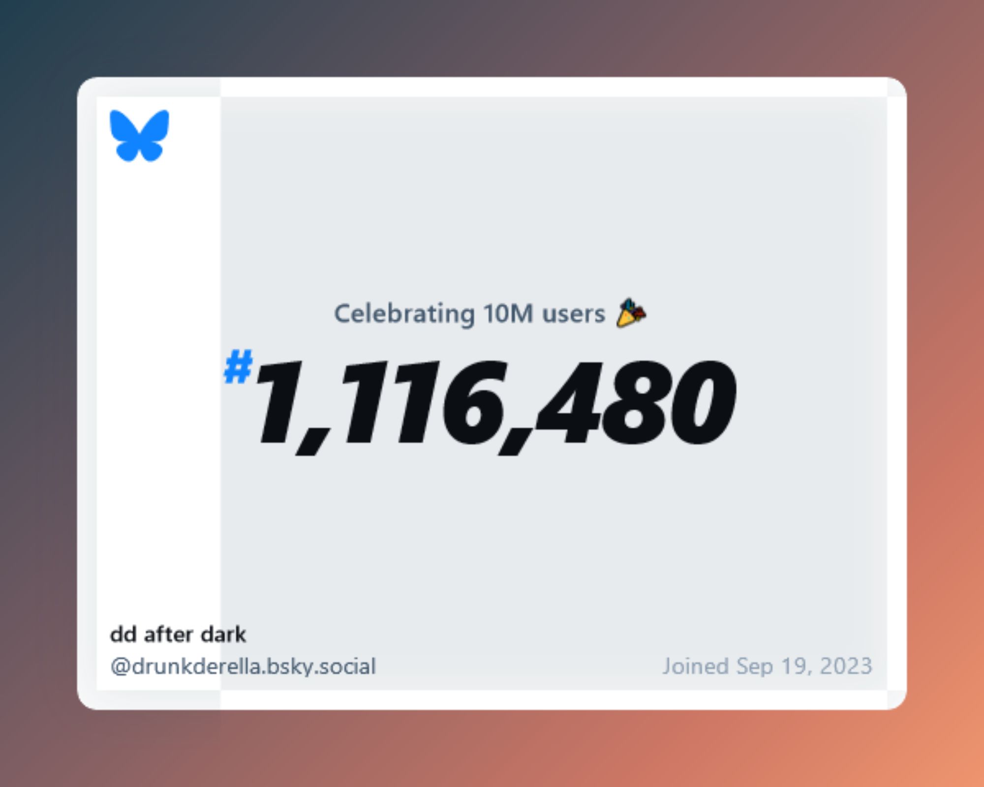 image of bluesky celebrating 10mil users, this account is number 1,116,480