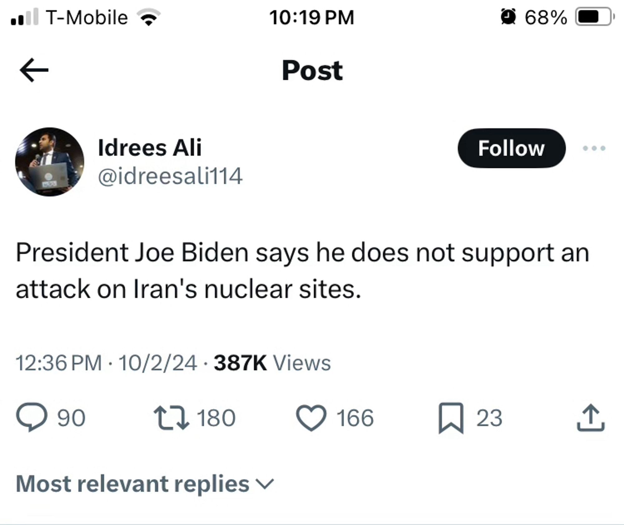 Tweet where Biden says he doesn’t support an attack on Iran’s nuclear sites, thus indicating it will happen.