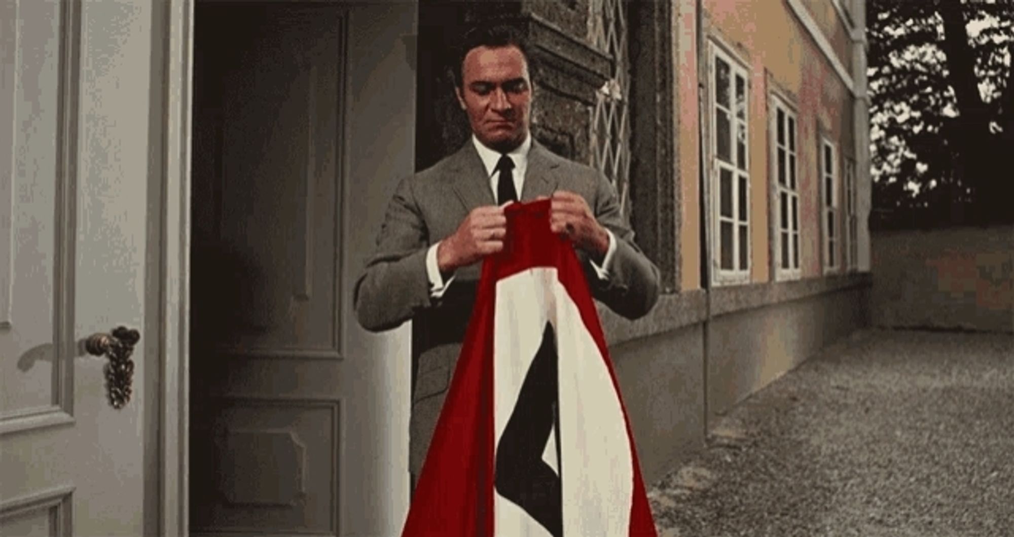 A man in a suit tearing a Nazi flag in half