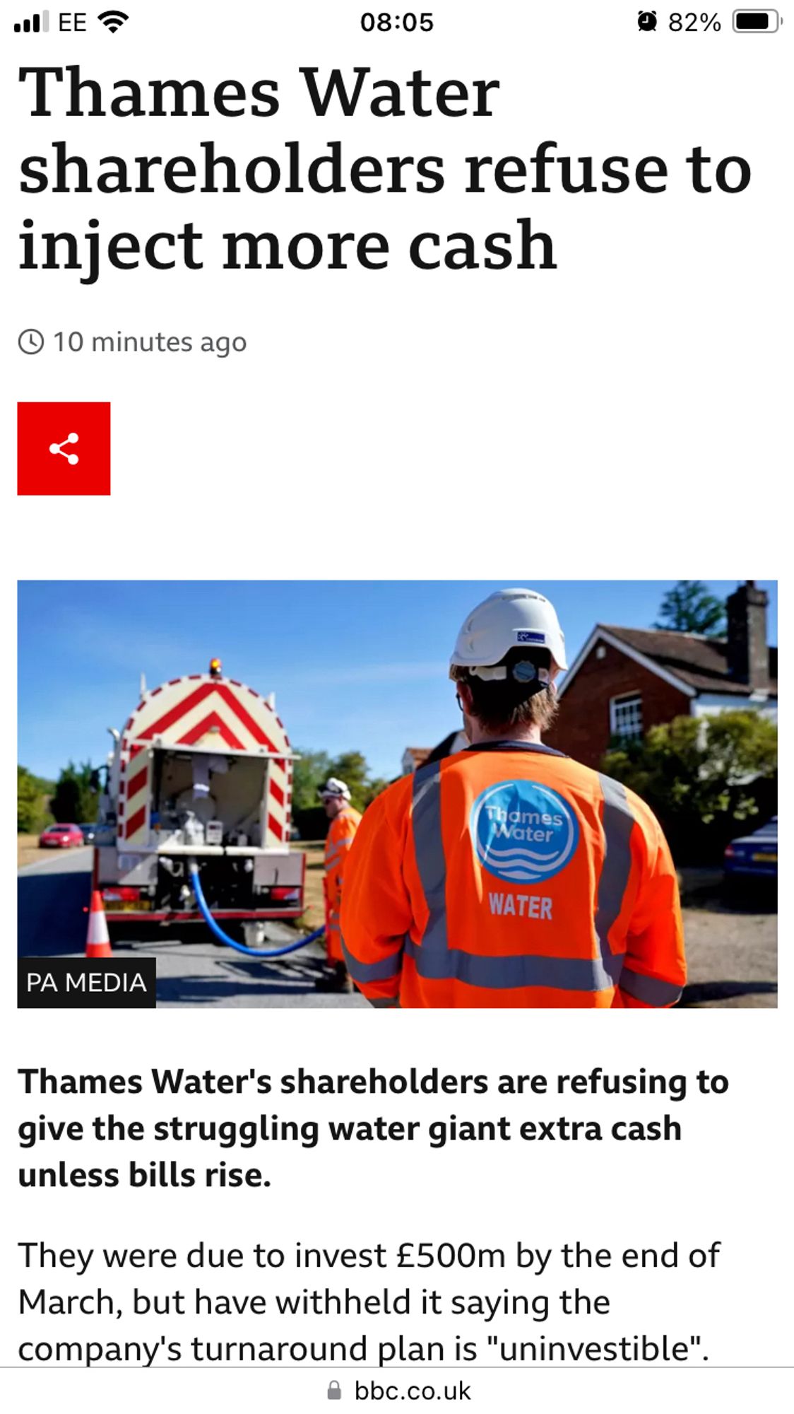 Thames Water shareholders refuse to inject more cash

Thames Water's shareholders are refusing to give the struggling water giant extra cash unless bills rise.
They were due to invest £500m by the end of March, but have withheld it saying the company's turnaround plan is "uninvestible".