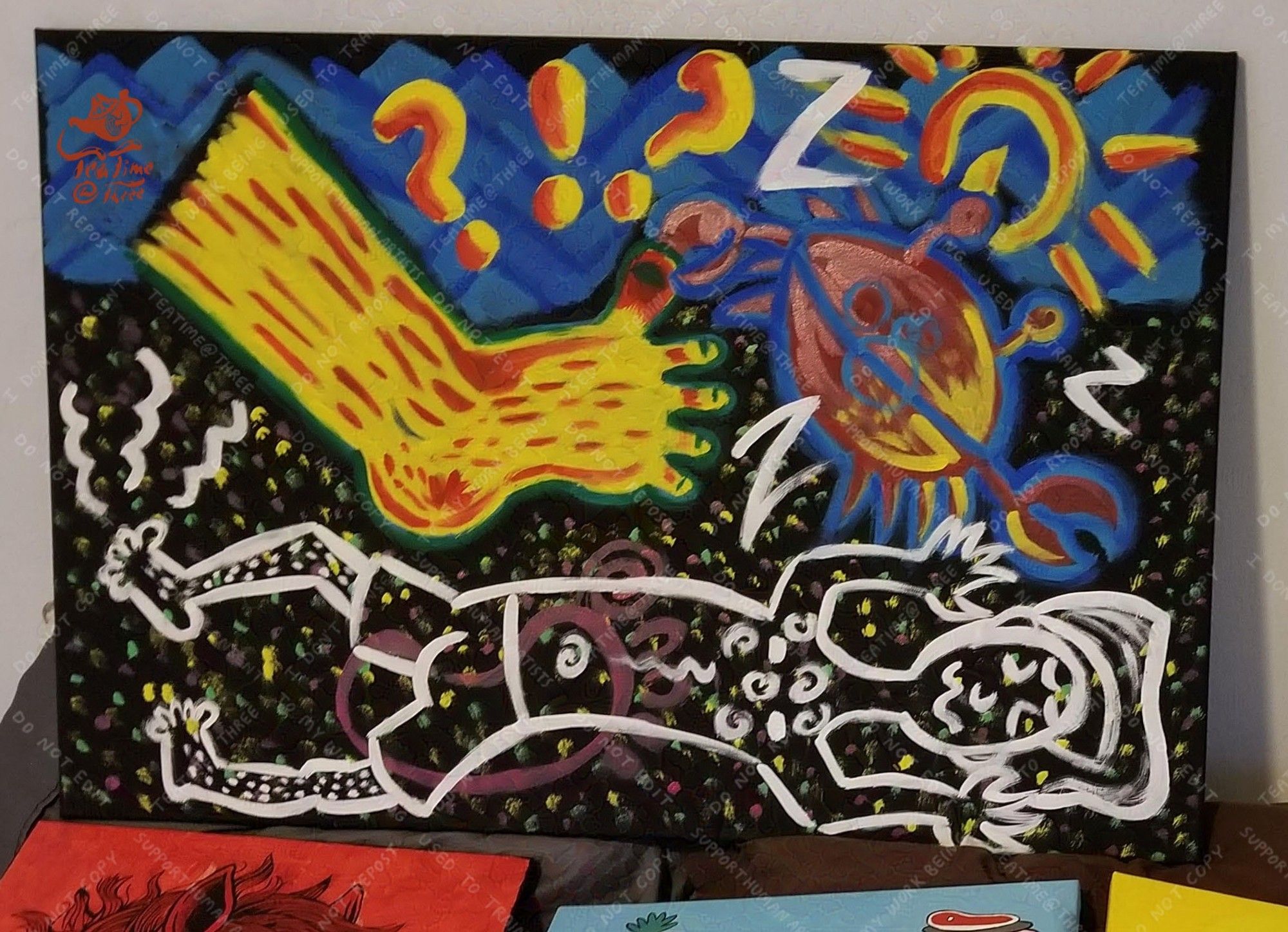 An acrylic painting inspired by my husband's nightmare about a crab grabbing his foot. He was grabbing his own foot in his sleep. Depicts him alseep in black and white. His dream is depicted with more vivid colors--yellow, red, and blue.