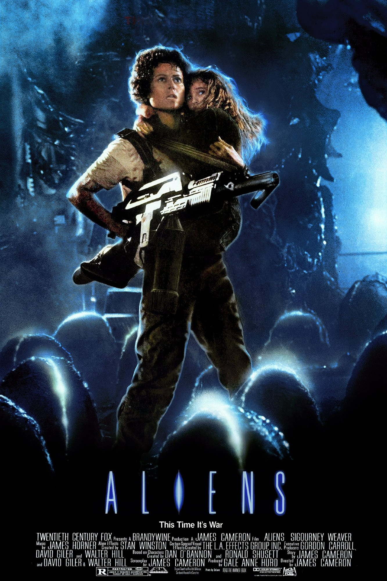 You're looking at a movie poster for Aliens, possibly the best movie of all time. Hey I'm biased. Or maybe that could be Alien. Don't watch any of the others. They're the devil's undergusset. Anyway, the picture shows a kickass tall white woman with a huge gun, and eighties perm that says "Don't fuck with mom", holding a small child. She's surrounded by xenomorph eggs but you just know she'd gonna mess them up. Because she's Ripley. That is all.