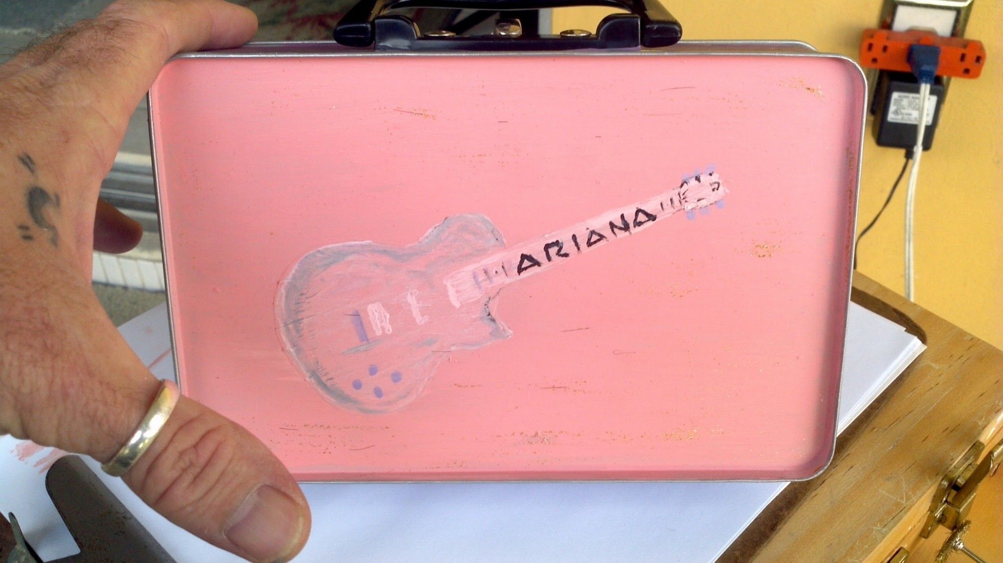 Trinket custom gift box for a relative. Pink initial coat of a guitar with Arianna stencil on fret board.