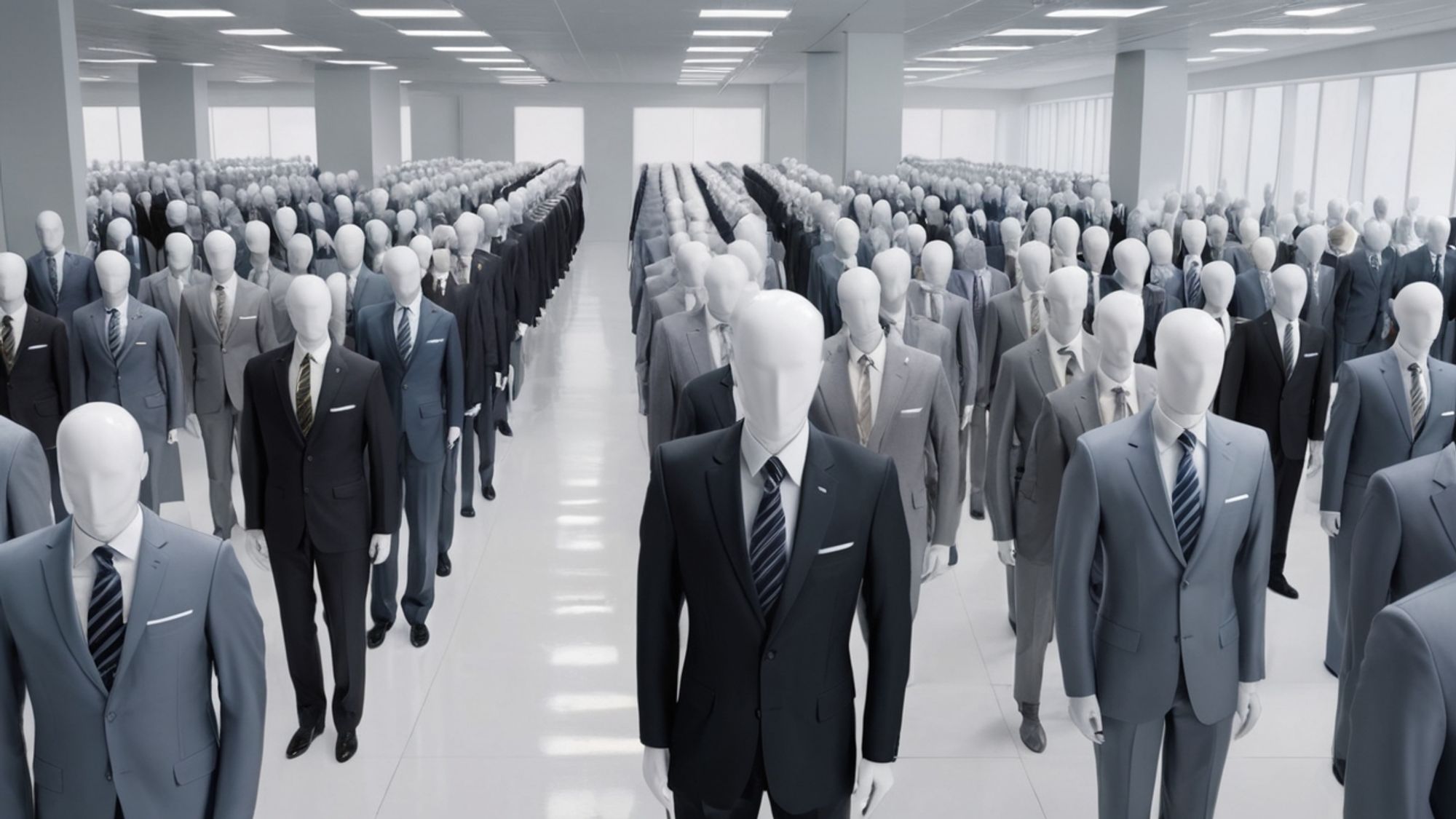 An antiseptic corporate office staffed by rows of soulless manikins with neckties and suits