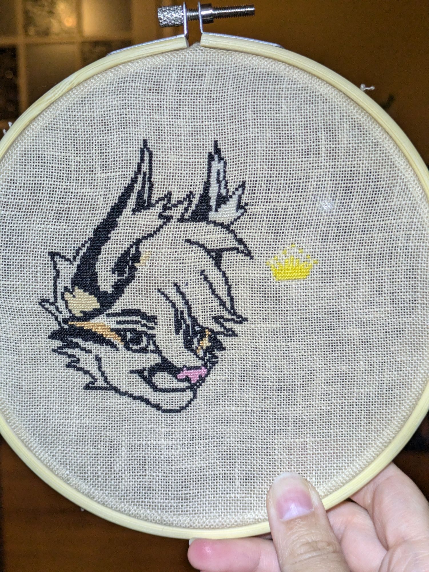 Work in progress of a cross stitch project of a lynx face. Today I finished outline the face as well as the black facial markings, filled in the pink nose, and started the brown markings