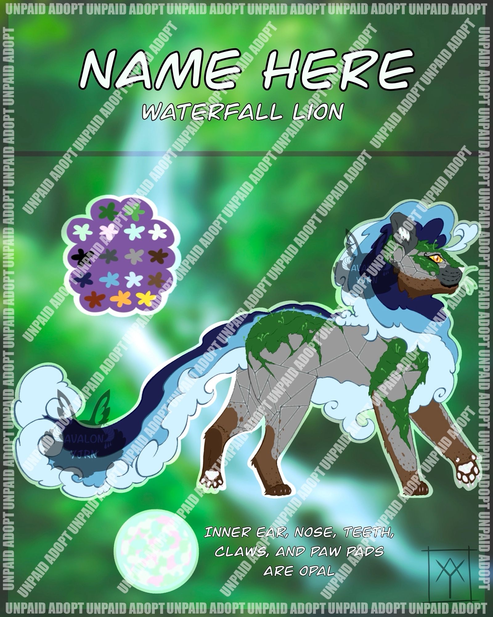 A simple ref sheet showing a lion with a waterfall theme. Mane and tail are dark blue,light blue, and curling white to signify rapids. The body and face is grey stone with green moss and differing shades of brown to represent dirt and mud. Inner ears, nose, teeth, paw pads, and claws are all light colourful opal.