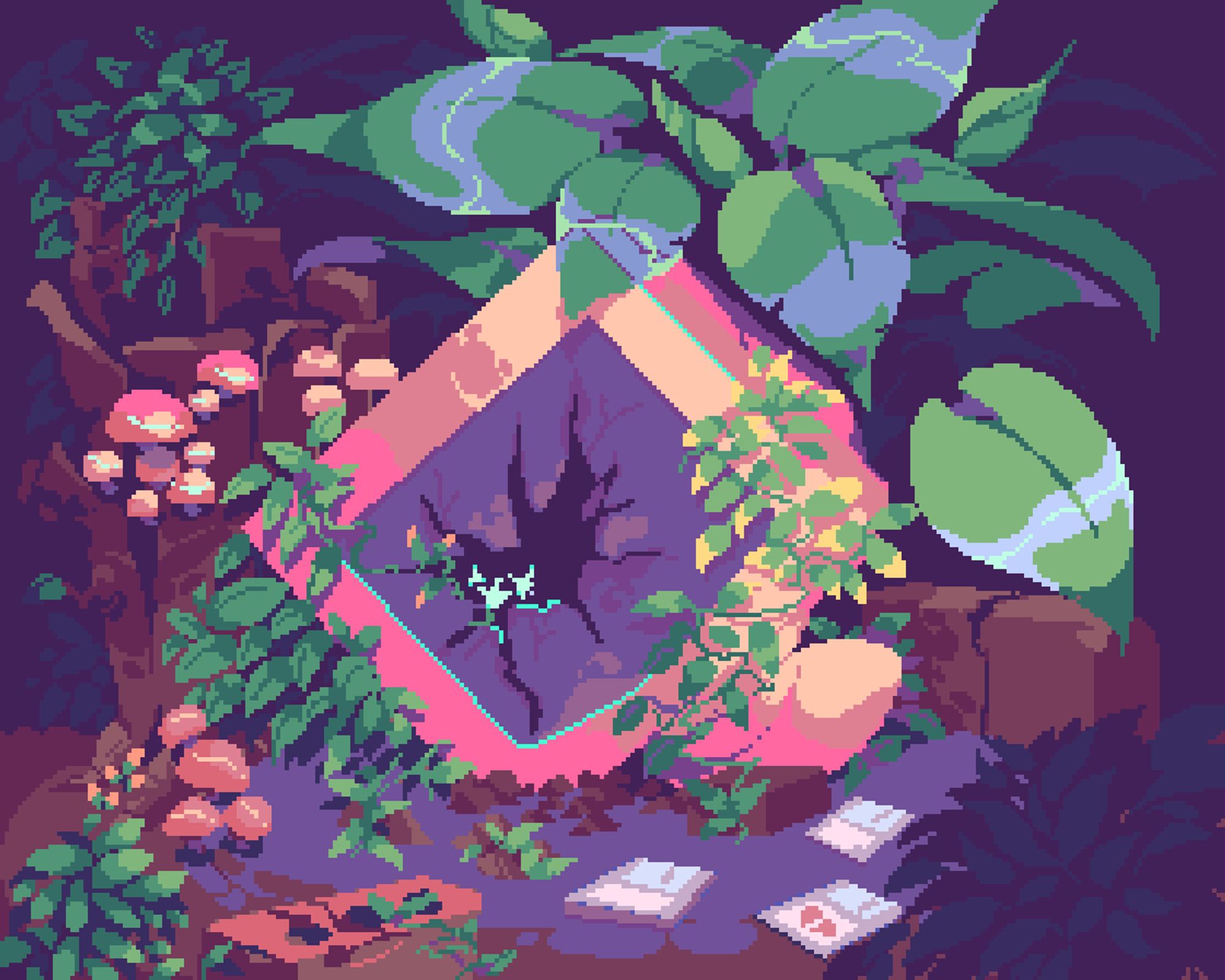 Pixel art of a CRT monitor with a large crack in the screen, lying on the ground, surrounded by mushrooms and vegetation. Some flowers are growing inside the monitor. There are a few floppy disks scattered around, one of which has a broken heart symbol on it.