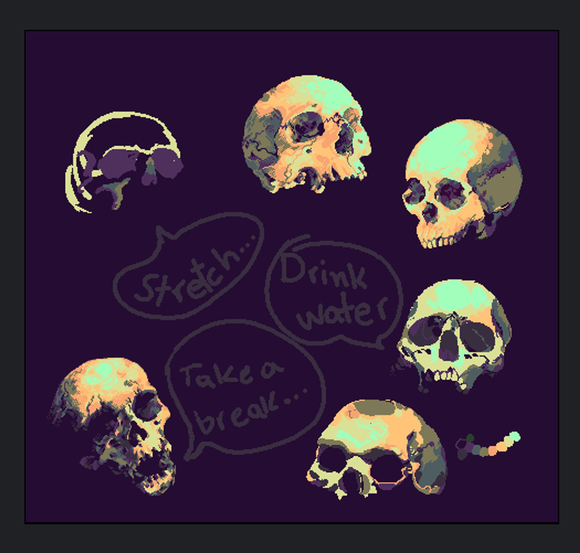 a group of pixelated skulls, some yet to be finished, saying mindful reminders such as "drink water", "take a break" and "stretch"