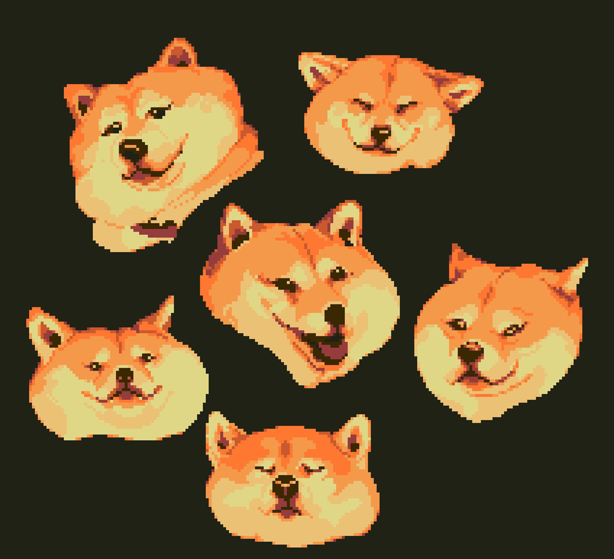 a pixel art of a collection of shiba dogs making different facial expressions characteristic of their breed.