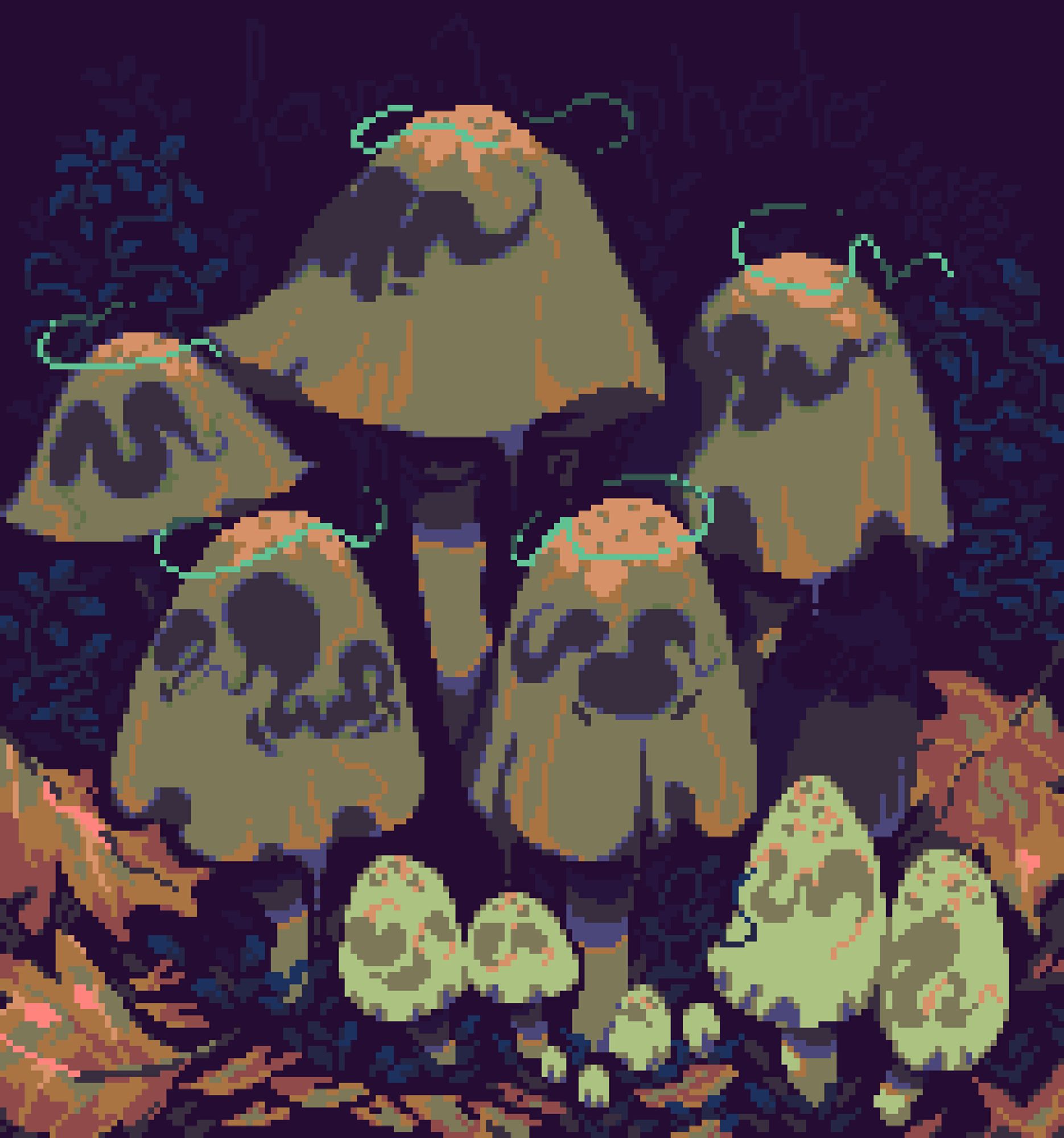 A family of ink cap mushrooms sits among dry orange leaves. The leaves are stained in swamp green and light pink. The far back is decorated by smaller blue leaves in thin curled branches. The smaller mushrooms are lighter and are displayed at the front. The taller ones are all gathered together at the center, and each of them presents a different ink stain pattern in their caps while wearing a cyan-green spectral crown; the stains are curly, thick and thin, and some resemble facial expressions.