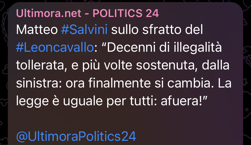 Matteo #Salvini sullo sfratto del #Leoncavallo: “Decenni di illegalità tollerata, e più volte sostenuta, dalla sinistra: ora finalmente si cambia. La legge è uguale per tutti: afuera!”

@UltimoraPolitics24