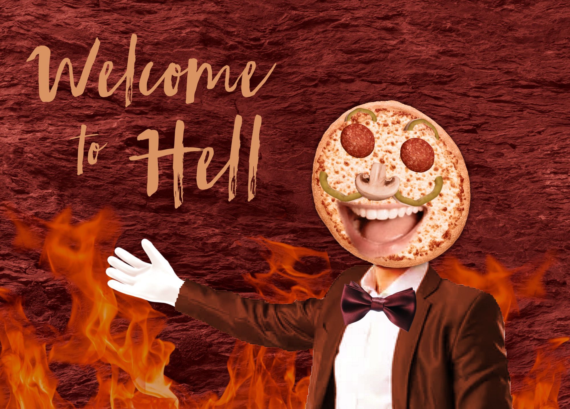 Badly photoshopped "Welcome to Hell" billboard from Bloodsauce Dungeon

Pizzaface is edited with a human mouth while everything else of his face is food