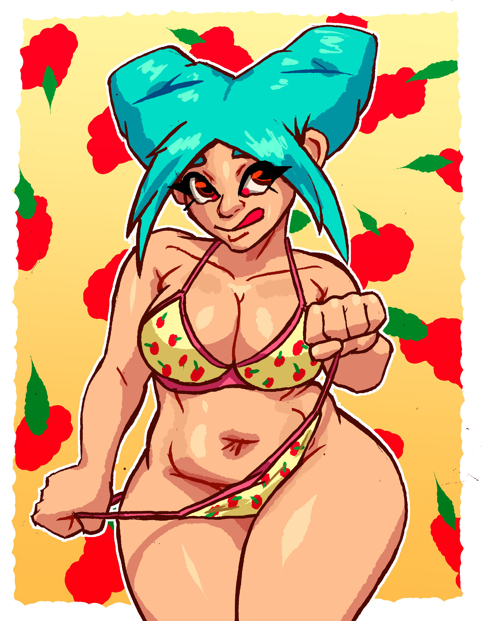 Drawing of my character Julie. A curvy woman with blue hair, wearing a strawberry patterned bra and panties.