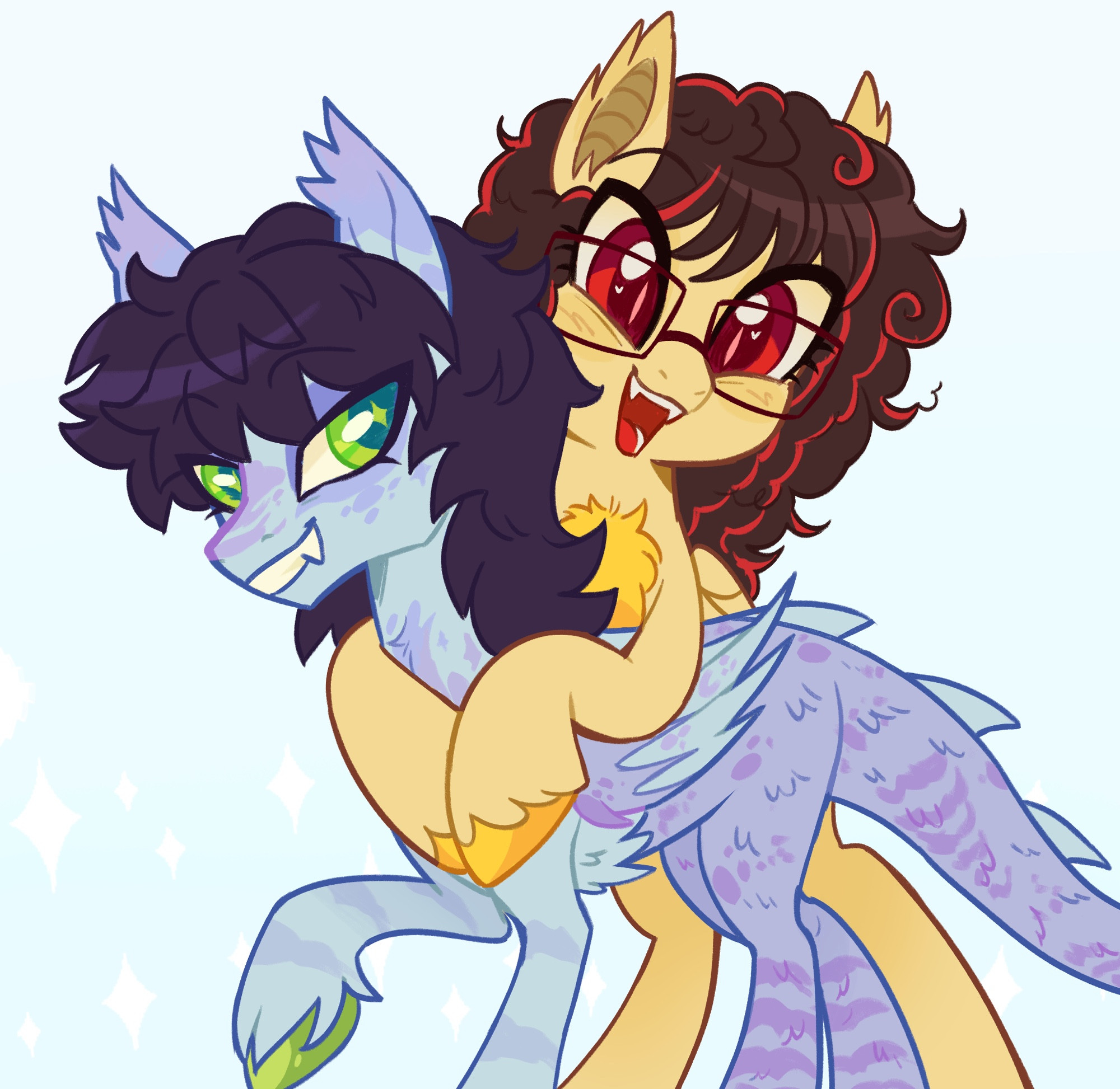 art of my ponysona (luminous dusk) aka the one with brown hair, and my friend’s ponysona (orion spector) the blue one!!

art is by peeperzcreeperz :3