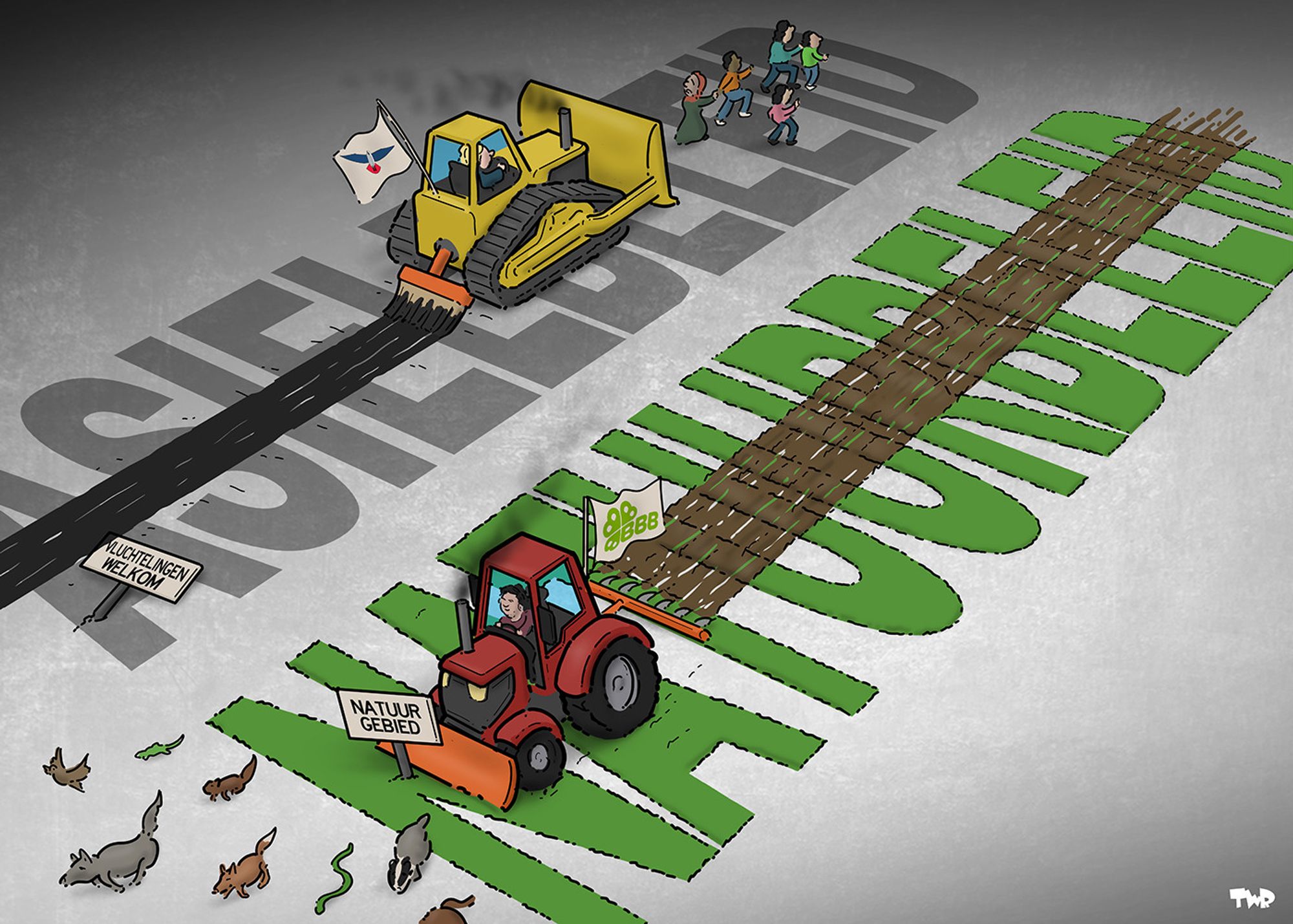 Cartoon moet daarop groot de woorden 'natuurbeleid' en 'asielbeleid'. Een tractor met Caroline van der Plas erin ploegt een grote streep door het woord 'natuurbeleid' en duwt een bordje met 'natuurgebied' erop om, terwijl dieren voor de tractor uit vluchten. Wilders bestuurt een bulldozer en trekt met een grote kwast die aan de achterkant bevestigt is een grote zwarte streep door het woord 'asielbeleid'. Asielzoekers vluchten weg voor de bulldozer, en een bordje met 'vluchtelingen welkom' is omver gereden.