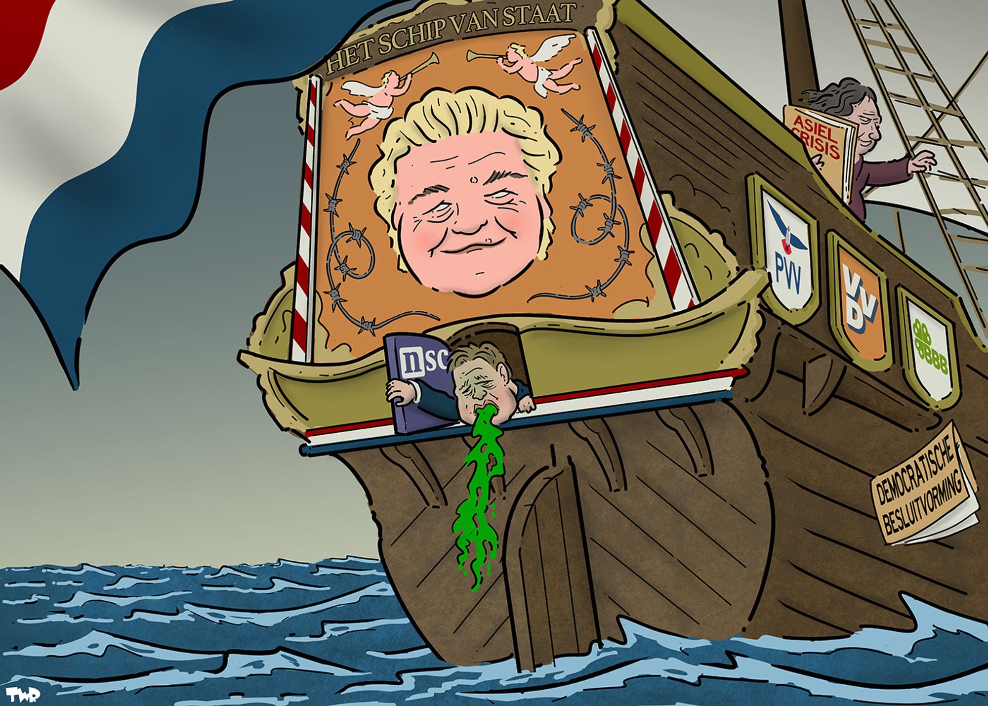 Cartoon met daarop de achterkant van een varend galjoen. Het galjoen heet 'Het schip van staat' en op de spiegel staat een groot portret van Wilders. Aan de zijkant hangen schilden met de logos van coalitiepartijen PVV, VVD en BBB. Aan de achterkant gaat onder het portret van Wilders een luikje open met het logo van NSC. Omtzigt steekt zijn (groen getinte) hoofd naar buiten om over te geven. Ondertussen staat op het dek Faber met een map getiteld 'asielcrisis' in haar hand terwijl ze een andere map getiteld 'democratische besluitvorming' overboord gooit.