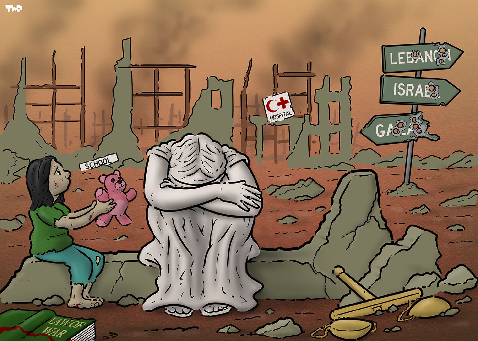 Cartoon showing Lady Justice sitting with hear head buried in her arms in despair amidst smoking ruined buildings. A child in torn clothing is handing her a teddy bear for comfort. On the ground are the scales of justice and a torn book with the title 'Law of war'. In the background is a signpost. The signs are riddled with bullet holes and read 'Gaza', 'Israel' and 'Lebanon'.