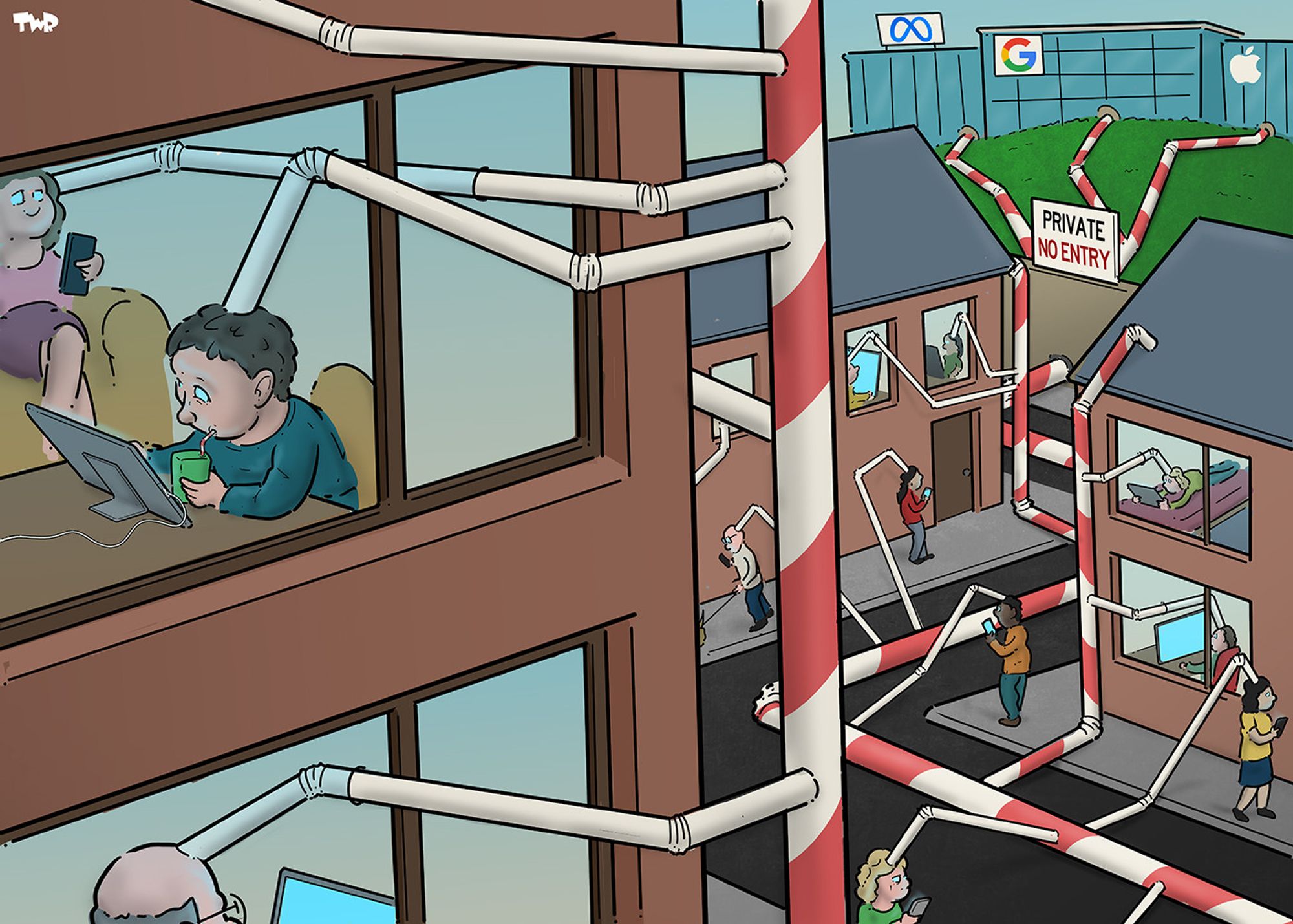 Cartoon showing a street with apartment buildings. People inside the apartments and walking on the street are all staring at a smartphone, laptop or tablet. Each person has a big straw stuck inside its head, which is connected to an even bigger straw that is running down the middle of the street. The giant straw passes through a wall that has a sign that reads 'Private - No Entry'. Behind the wall the straw divides and leads to the corporate offices of Apple, Google and Meta.