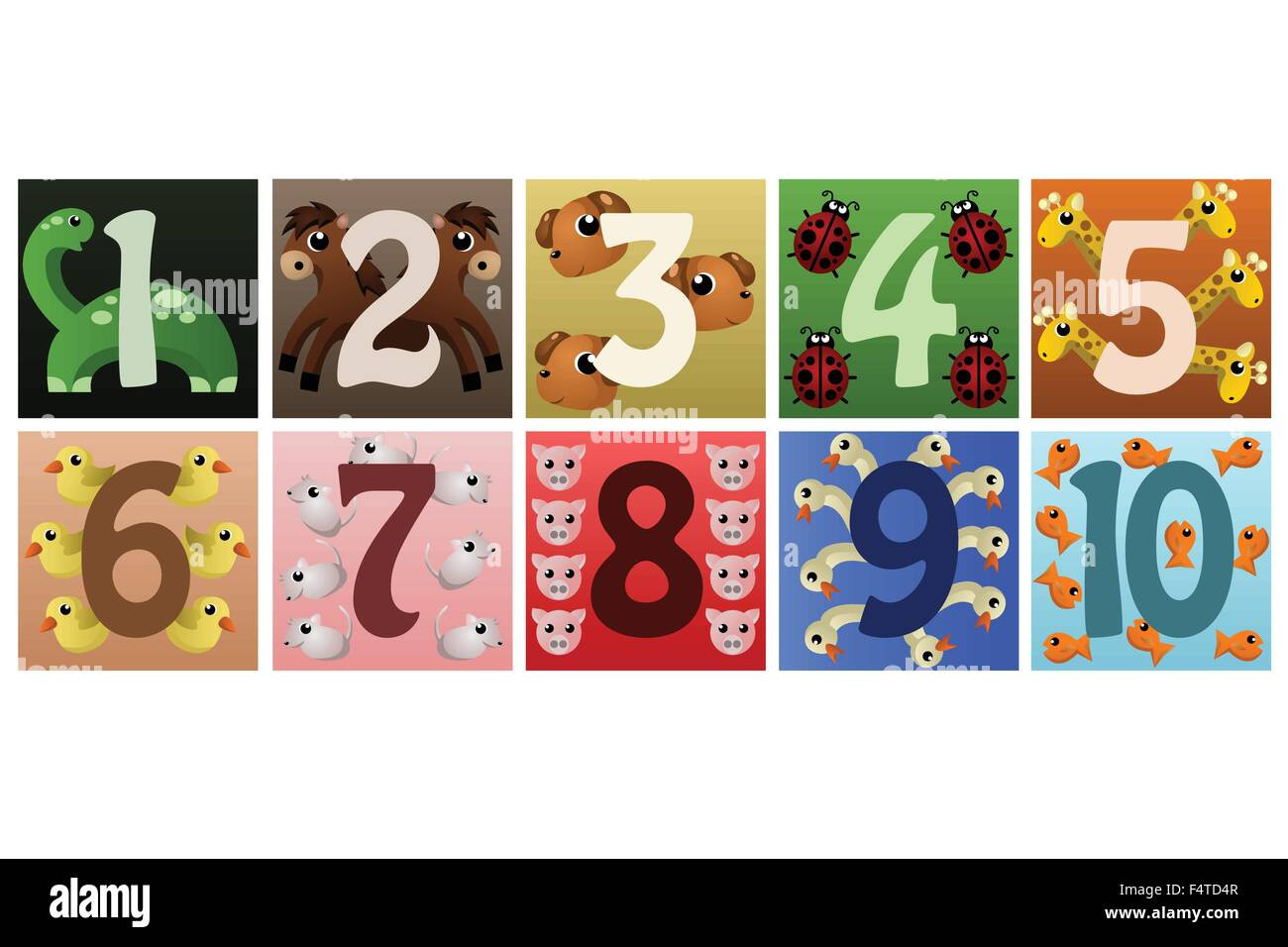 a stock image of the numbers 1-10 each accompanied by their respective amount of cartoon animals