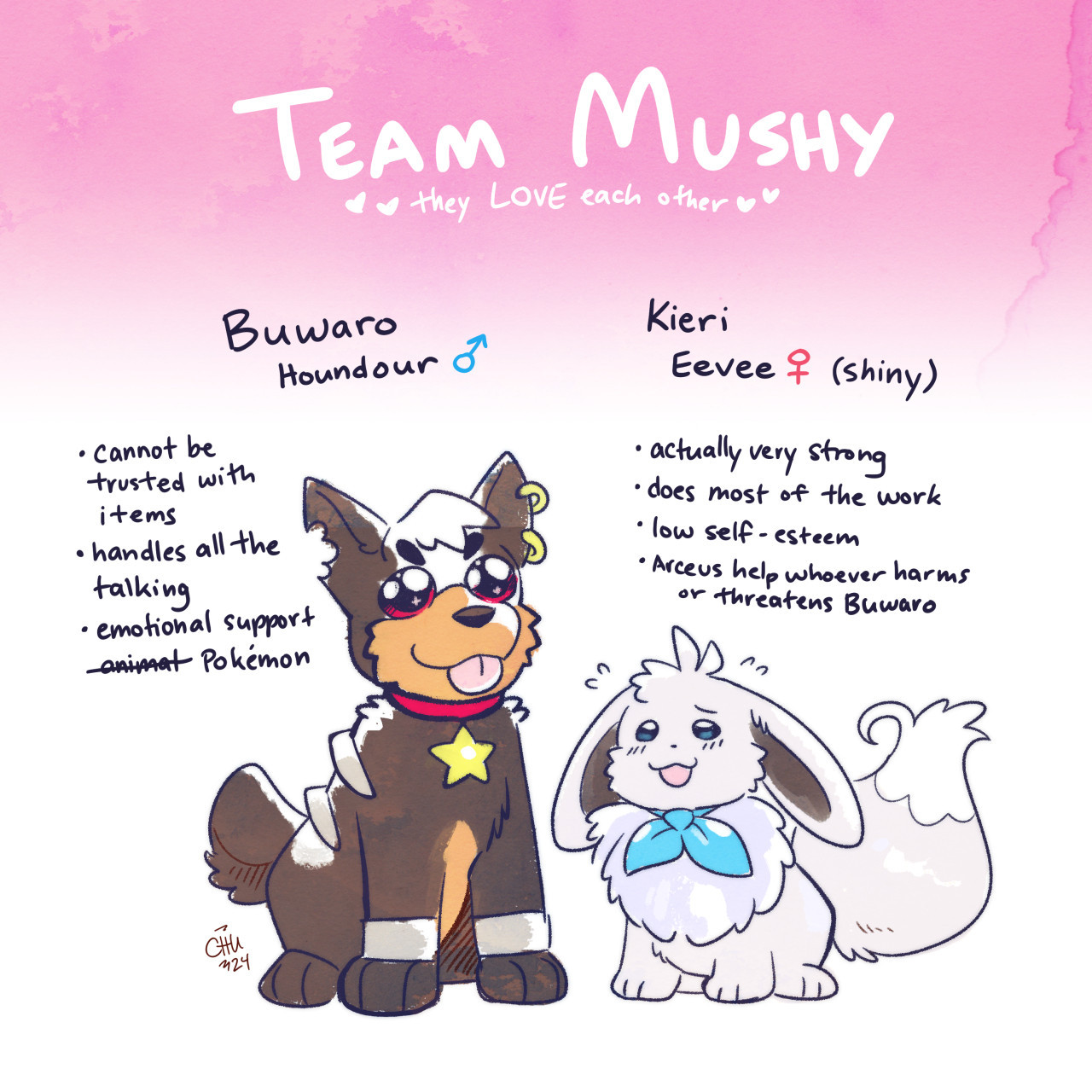 A drawing of a Houndoom and shiny Eevee. The words at the top read "Team Mushy" in big letters, and in smaller letters "they love each other". The Houndoom is named Buwaro. He cannot be trusted with the items. He handles all the talking. He is an emotional support animal (animal is crossed out) Pokemon. Kieri is the shiny Eevee. She is actually very strong. She does most of the work. She has low self-esteem. Arceus help whoever harms of threatens Buwaro.