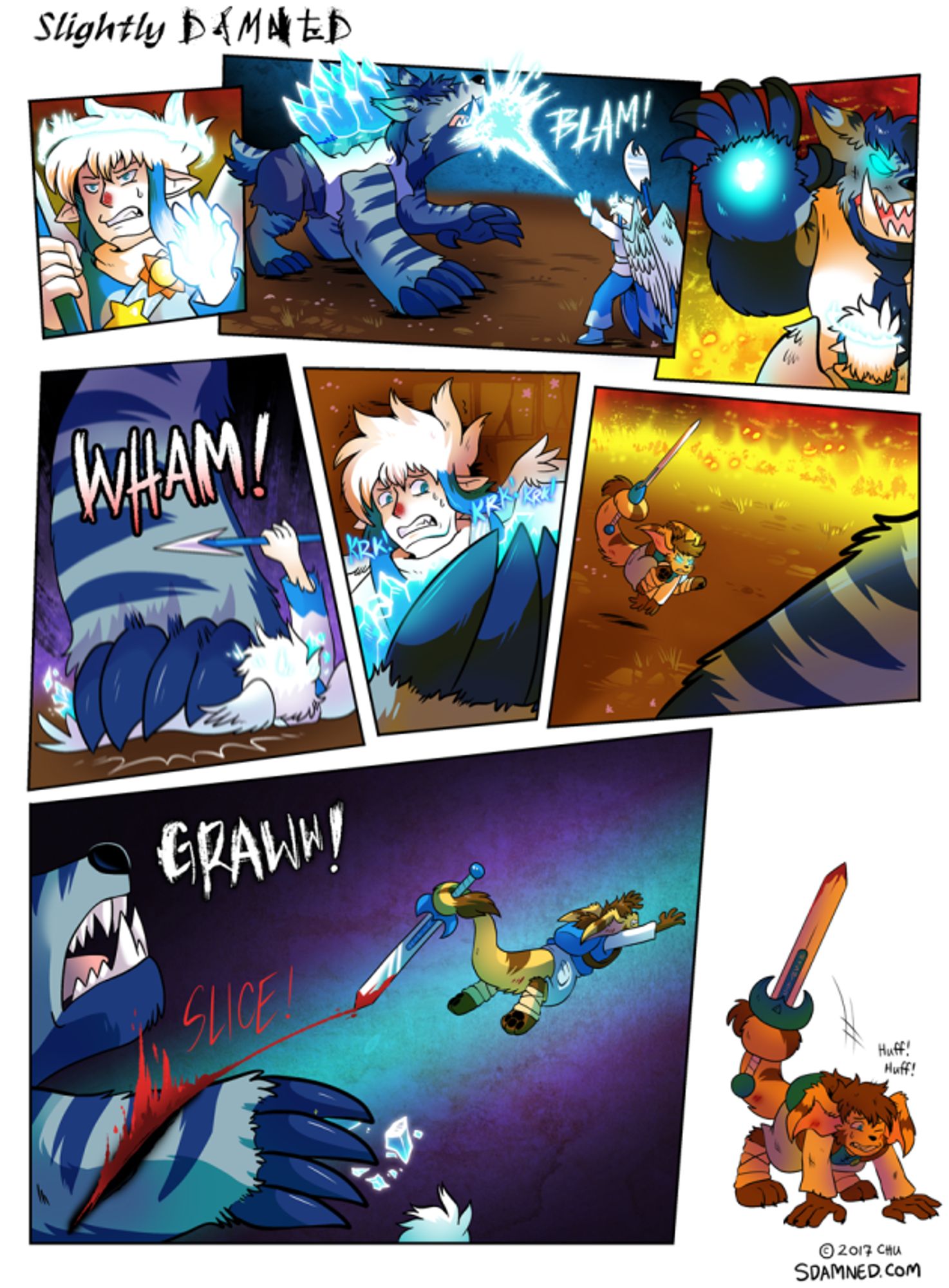 Page 820 of the webcomic Slightly Damned. Kazai hits berserk Lazuli in the face with a blast of holy magic. She retaliates by slamming down a hand onto Kazai and beginning to freeze him. Rhea runs up and jumps across Lazuli, slashing her wrist. Rhea staggers and breathes hard when she lands on the ground.