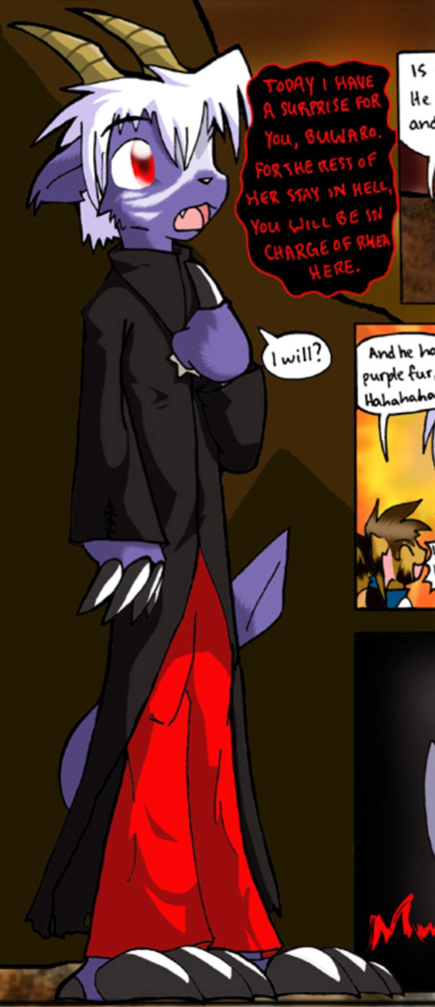 A crop of page 8 of Slightly Damned showing Buwaro, a purple furred demon with big, black claws and yellow horns. This page was made in 2004.