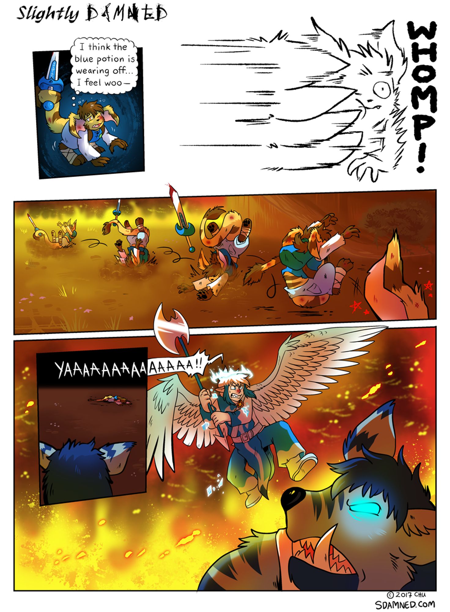 Page 821 of the webcomic Slightly Damned. Just as Rhea feels woozy from the blue potion wearing off, she gets slammed by Lazuli's hand and goes tumbling over the ground. Kazai yells a battlecry and flies close to Lazuli's head, preparing to swing at her with his weapon.