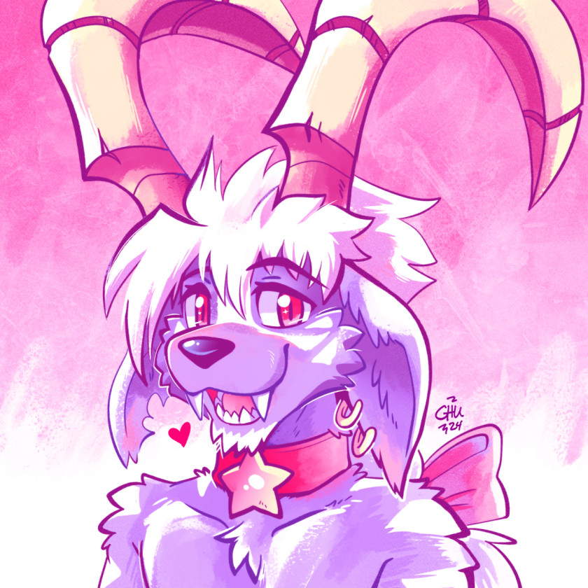 A painting of a handsome and fluffy demon with long horns, purple fur, and big fangs. His name is Buwaro.