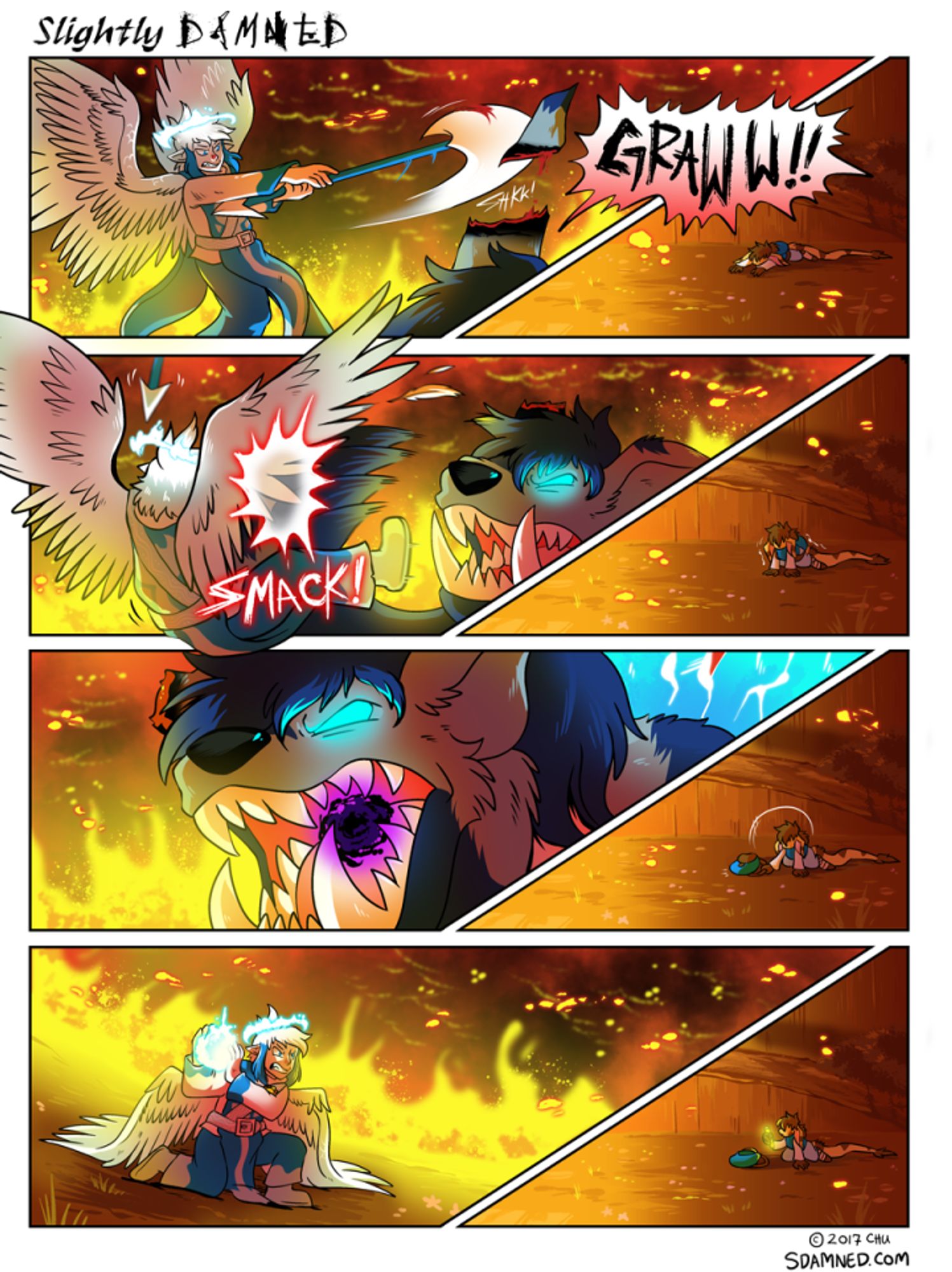 Page 822 of the webcomic Slightly Damned. Kazai swings with his halberd and slices off Lazuli's right ear. She smacks him down and prepares to blast him with shadow magic from her mouth. As Kazai prepares to retaliate with a blast of light magic, Rhea pulls the yellow rainbow reverie potion from her backpack.