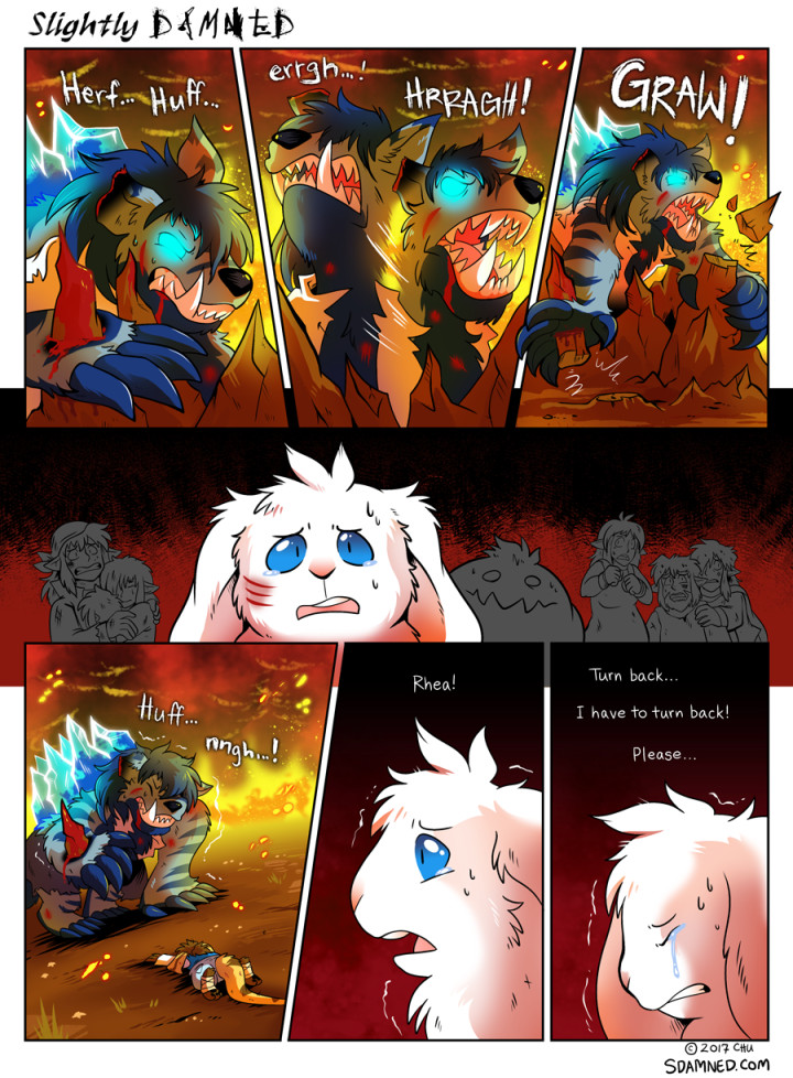 Page 830 of the webcomic Slightly Damned. Lazuli breaks free of the stalagmites that have impaled her had and trapped her. Kieri, as a rabbit, stares on in horror alongside the other Angels and Crunky. Lazuli staggers towards Rhea's unconscious body. Kieri fears for her friend, and begins to cry as she begs for her body to revert its transformation.