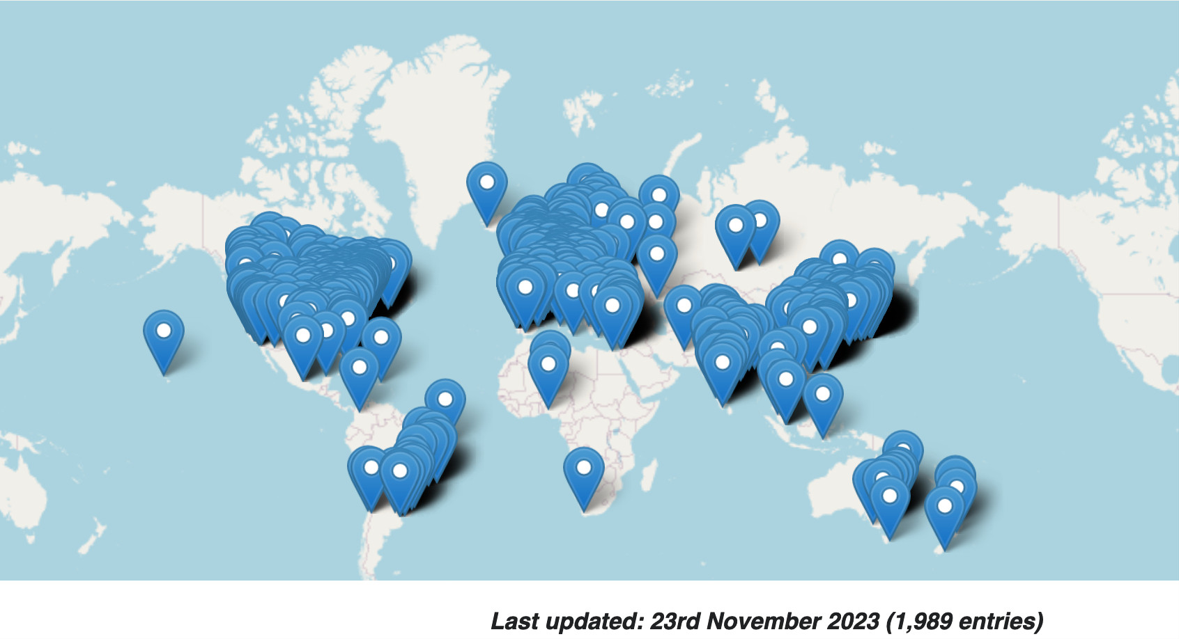 A map of labs in the FlyBase Fly Labs List.