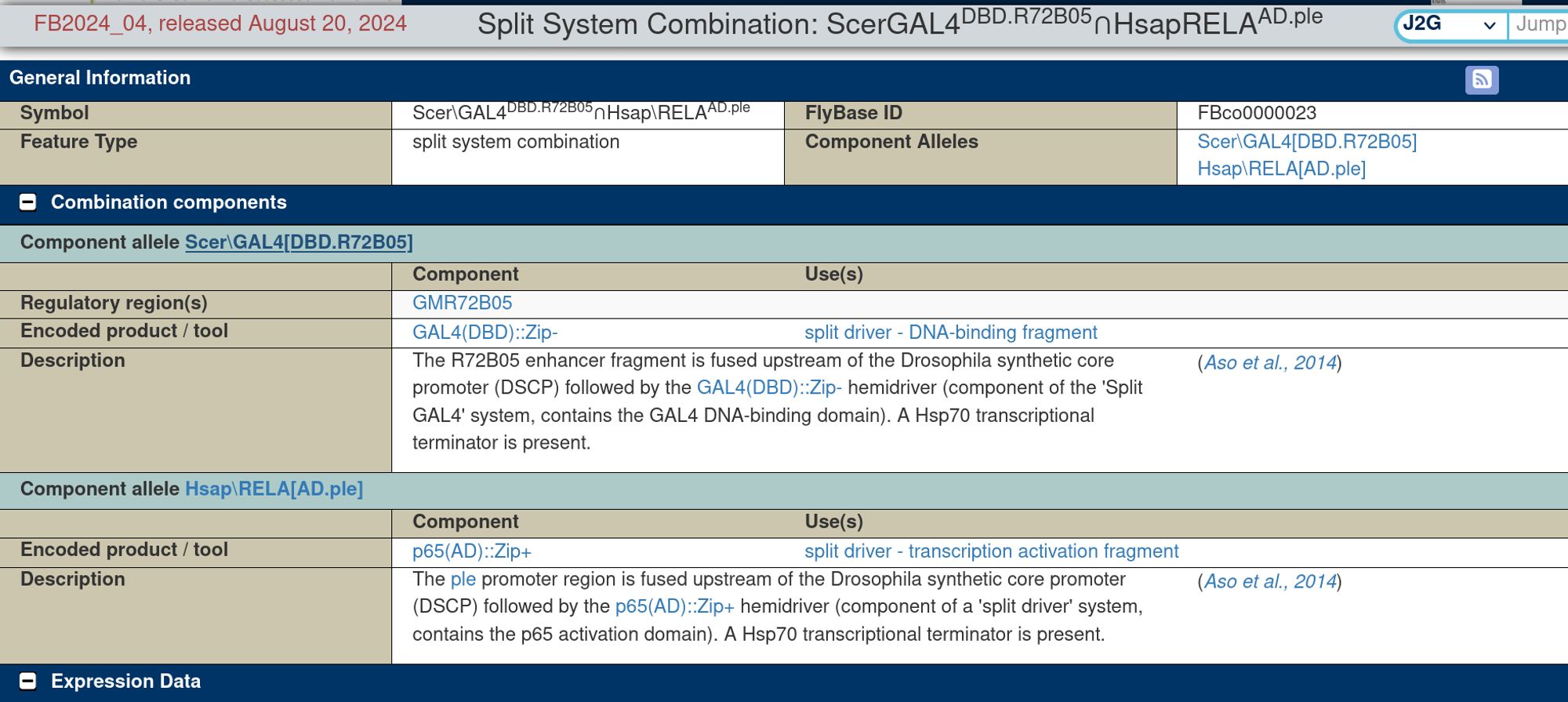 The Combination components section of a FlyBase Split System Combination Report.