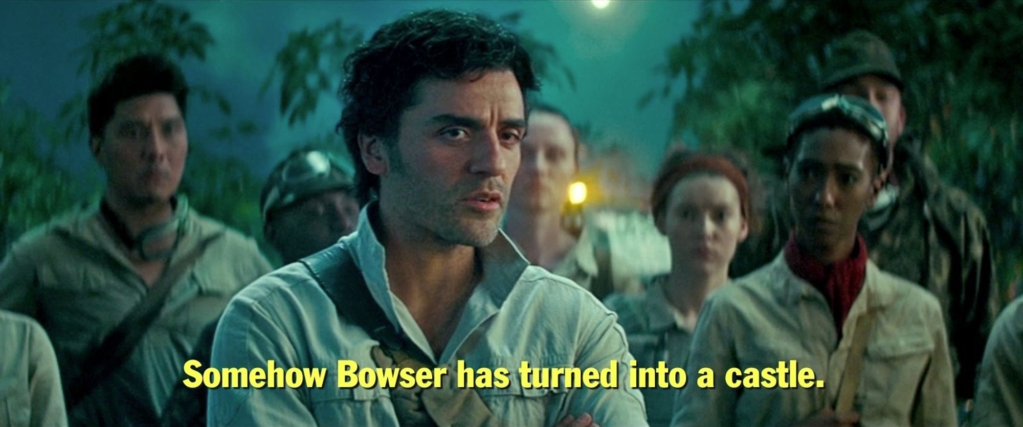 Poe Dameron from Rise of the Skywalker saying, "Somehow Bowser has turned into a castle."